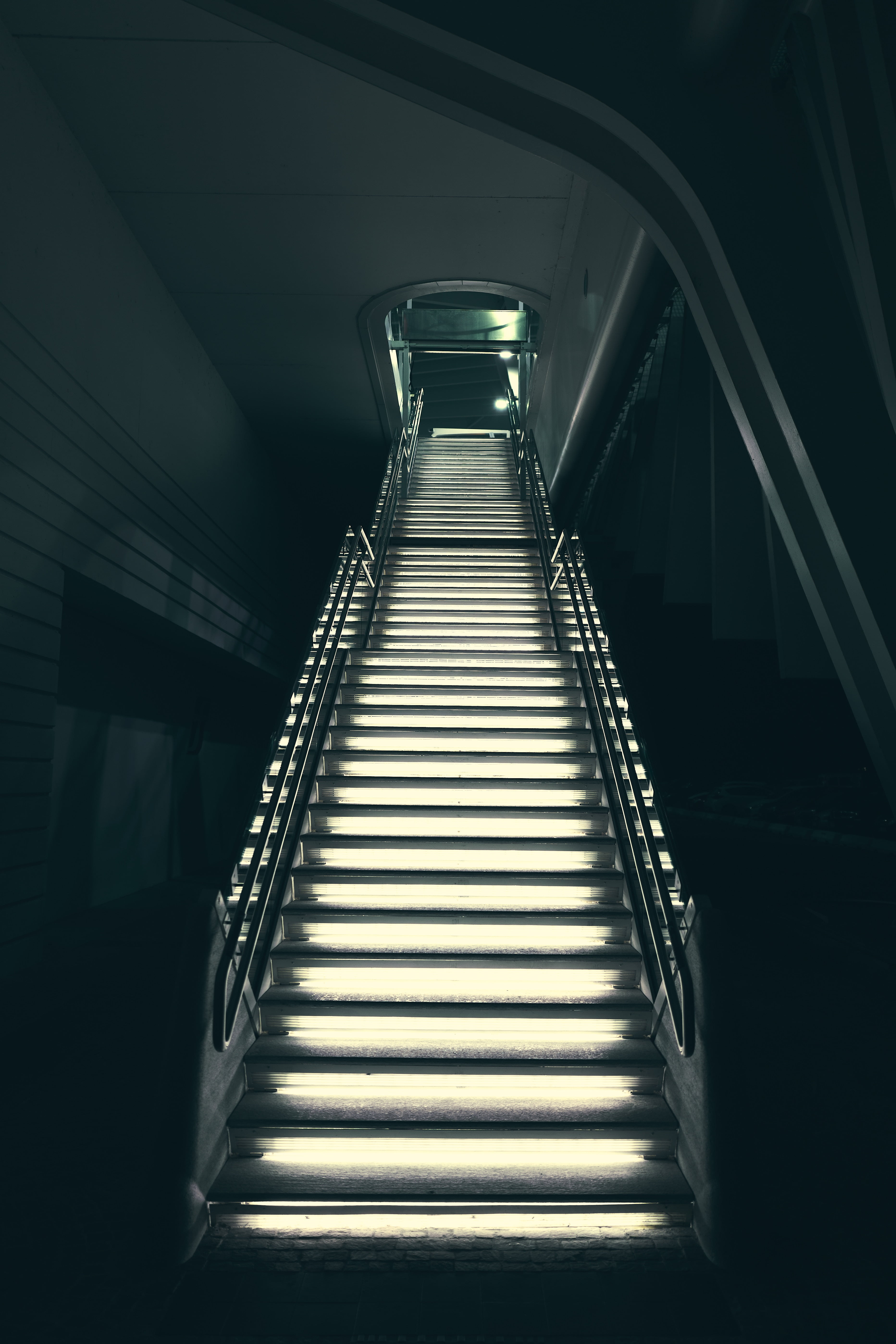 silver stair and rail, stairs, lighting, exit, architecture, staircase