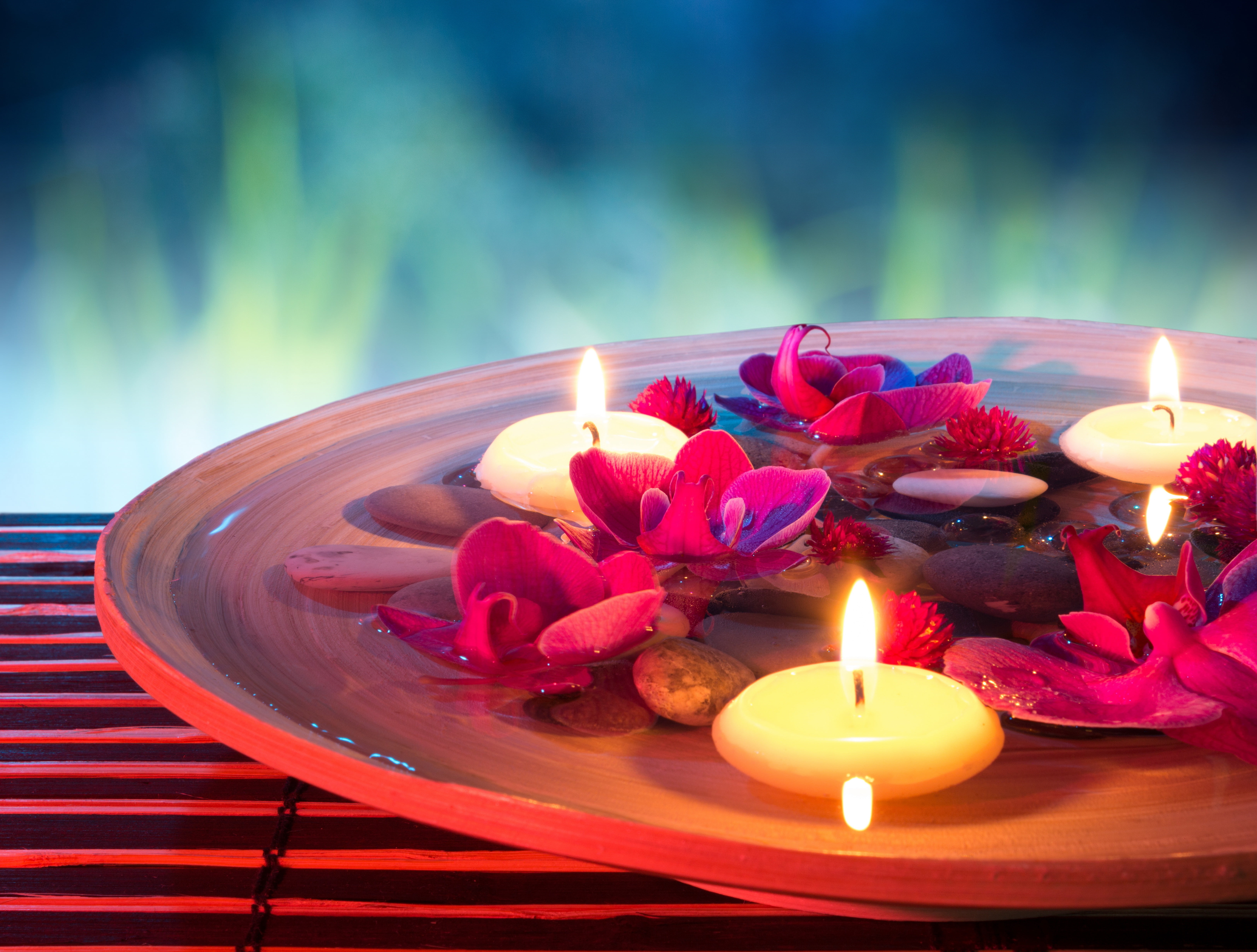 red flowers and white tealight candles, water, orchids, Spa, Spa stones