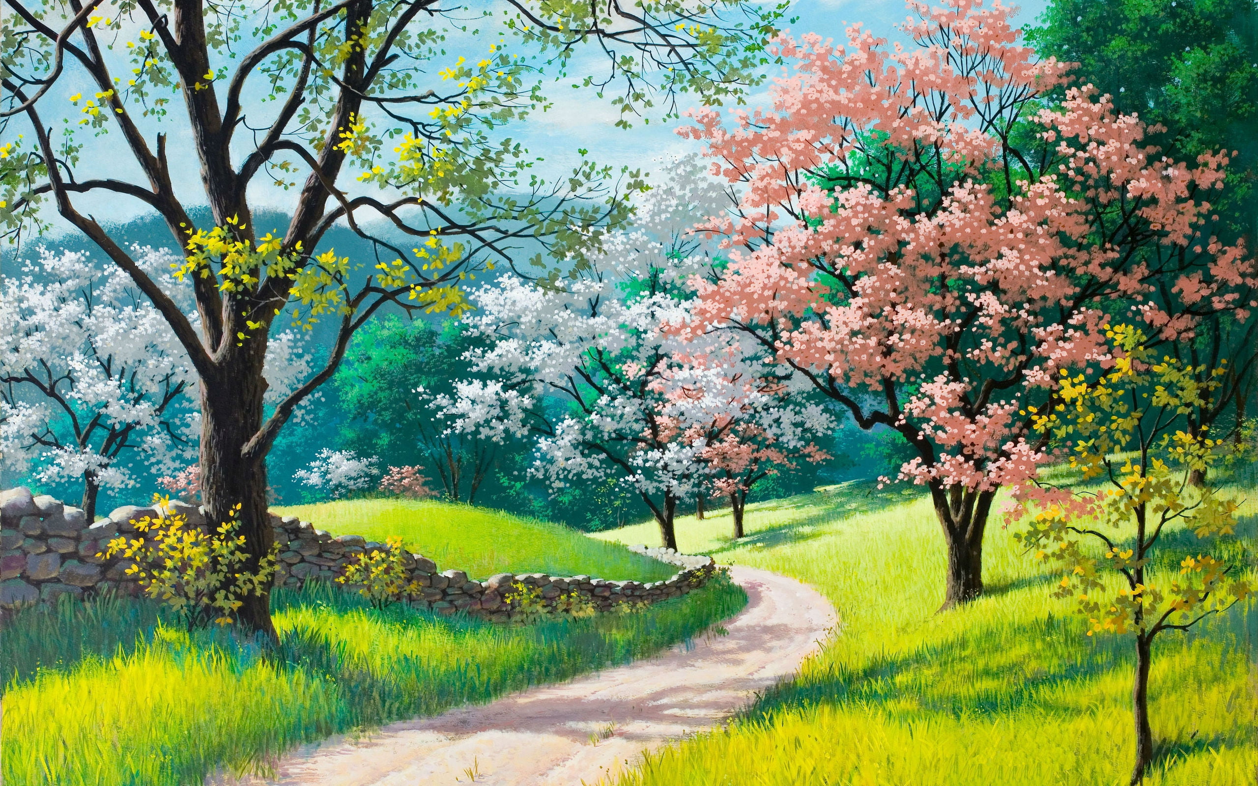 Spring Blossoms Painting, pathway in between trees illustration