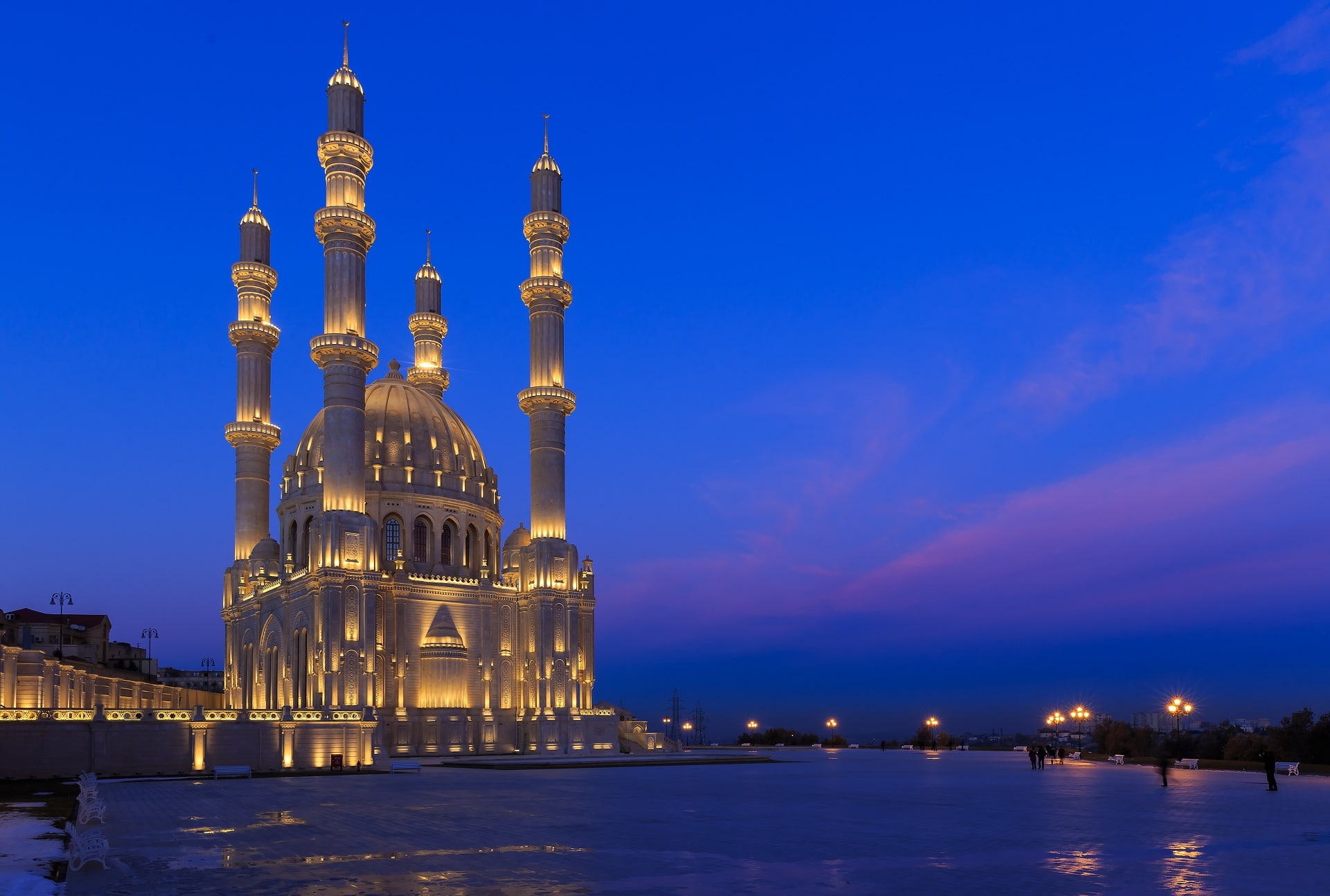 heydar mosque, azerbaijan baku, lights, night, City, architecture