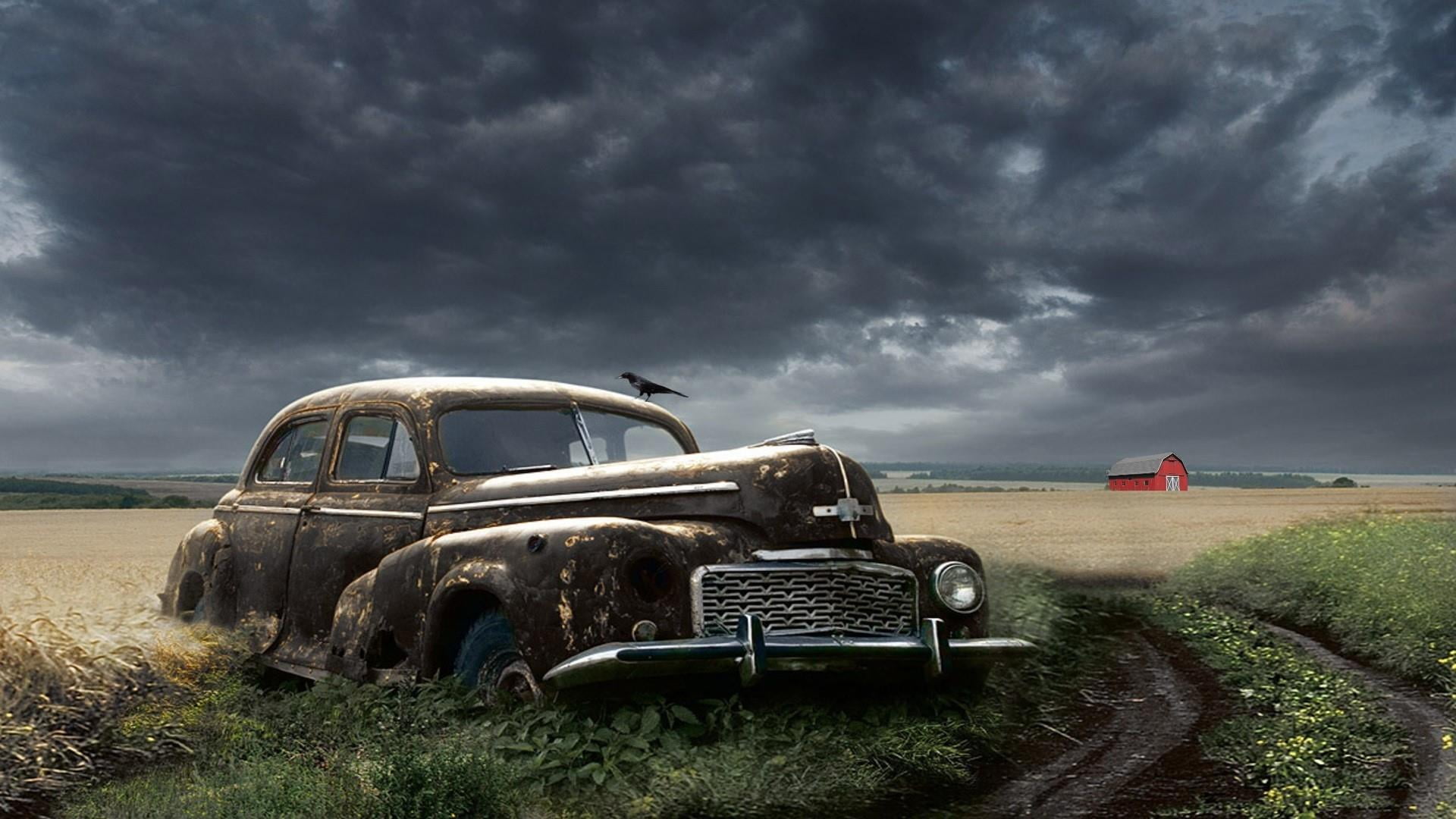 clouds, field, old car, vintage, farm, classic car, mode of transportation