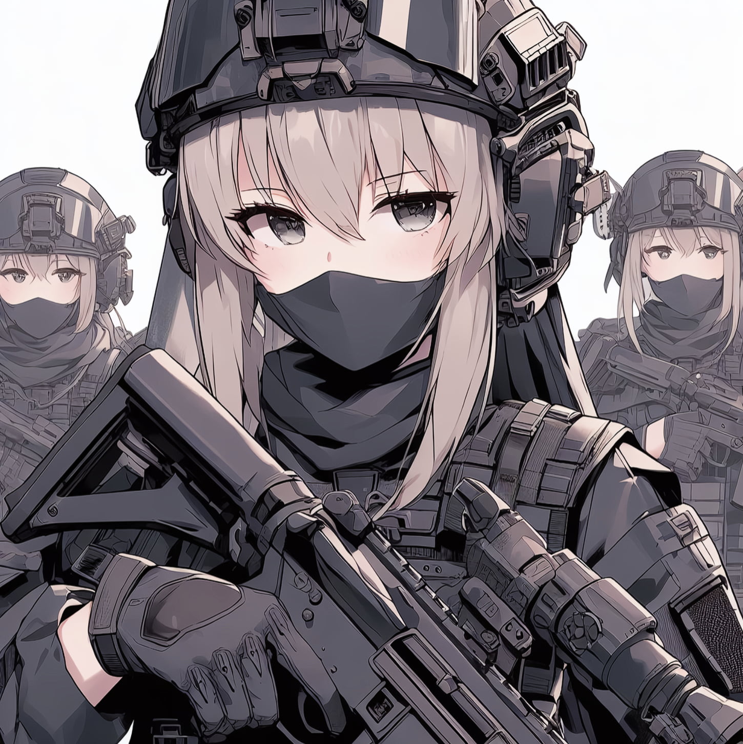 Pixiv, anime girls, girls with guns, military, mask, bulletproof vest