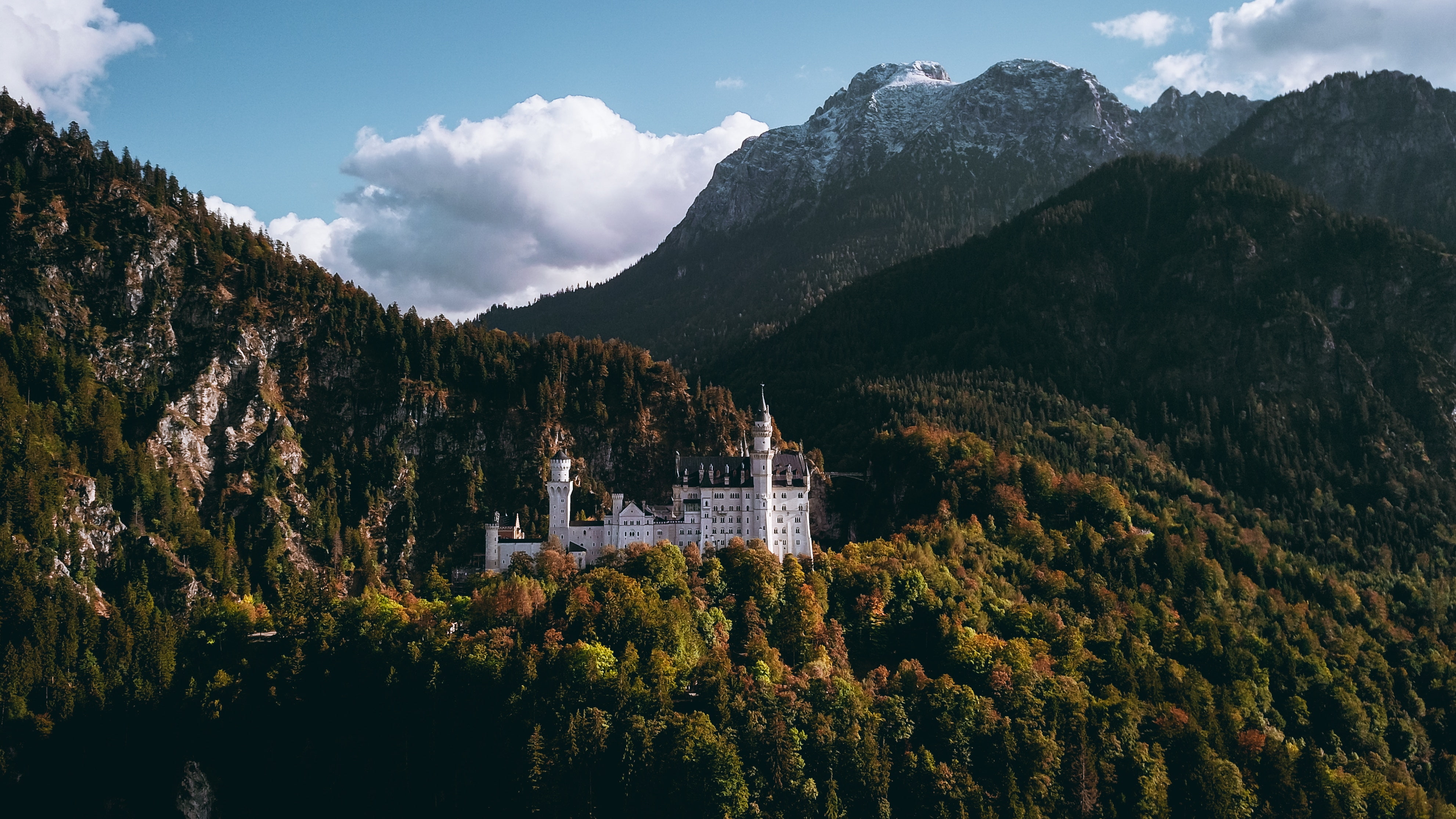 landscape, forest, mountains, castle, clouds, Neuschwanstein Castle