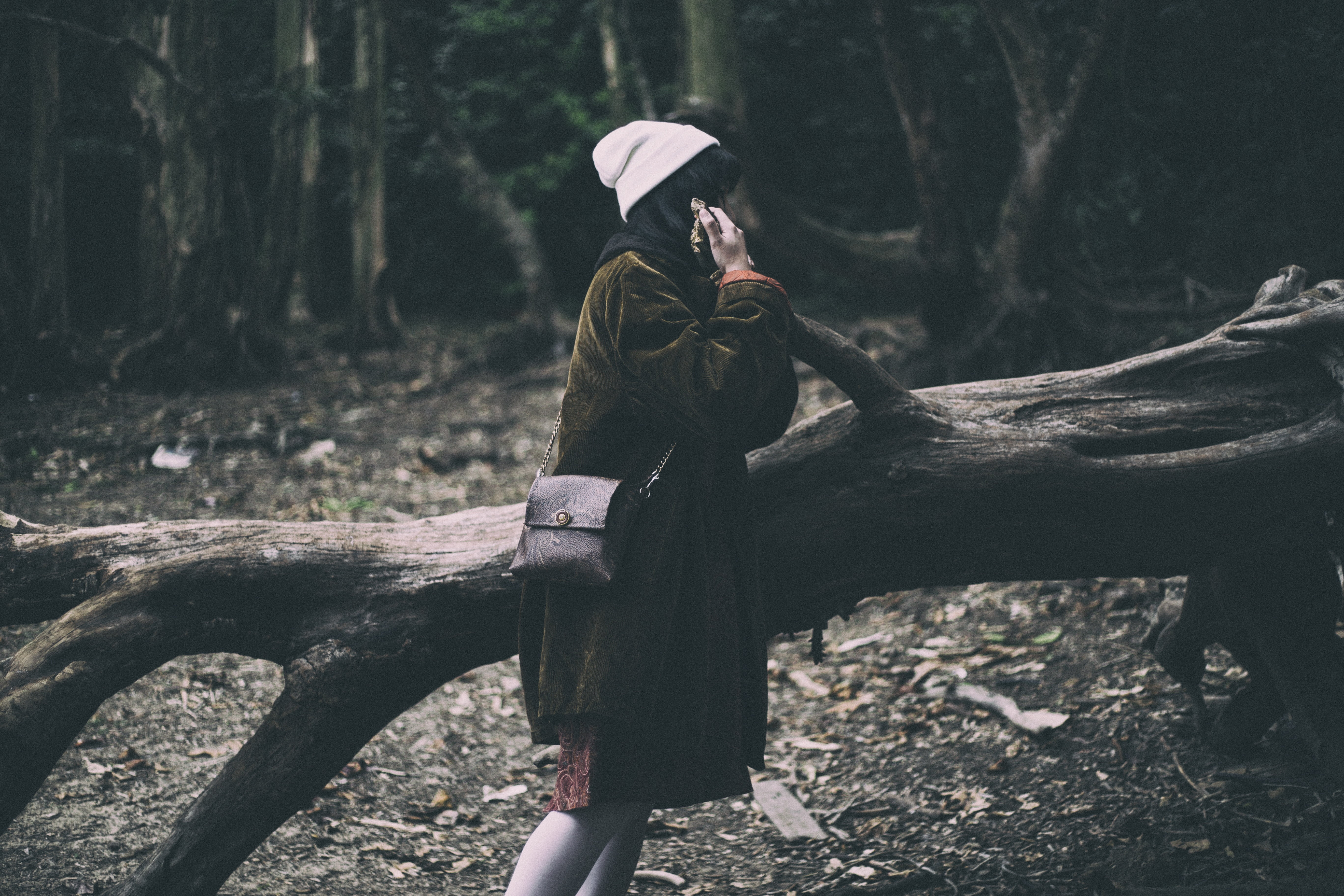 women's brown crossbody bag, girl, forest, lonely, gloomy, nature
