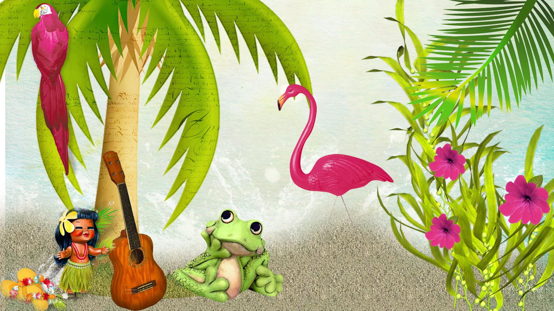 Froggy Vacation, green frog; brown acoustic guitar; coconut tree painting