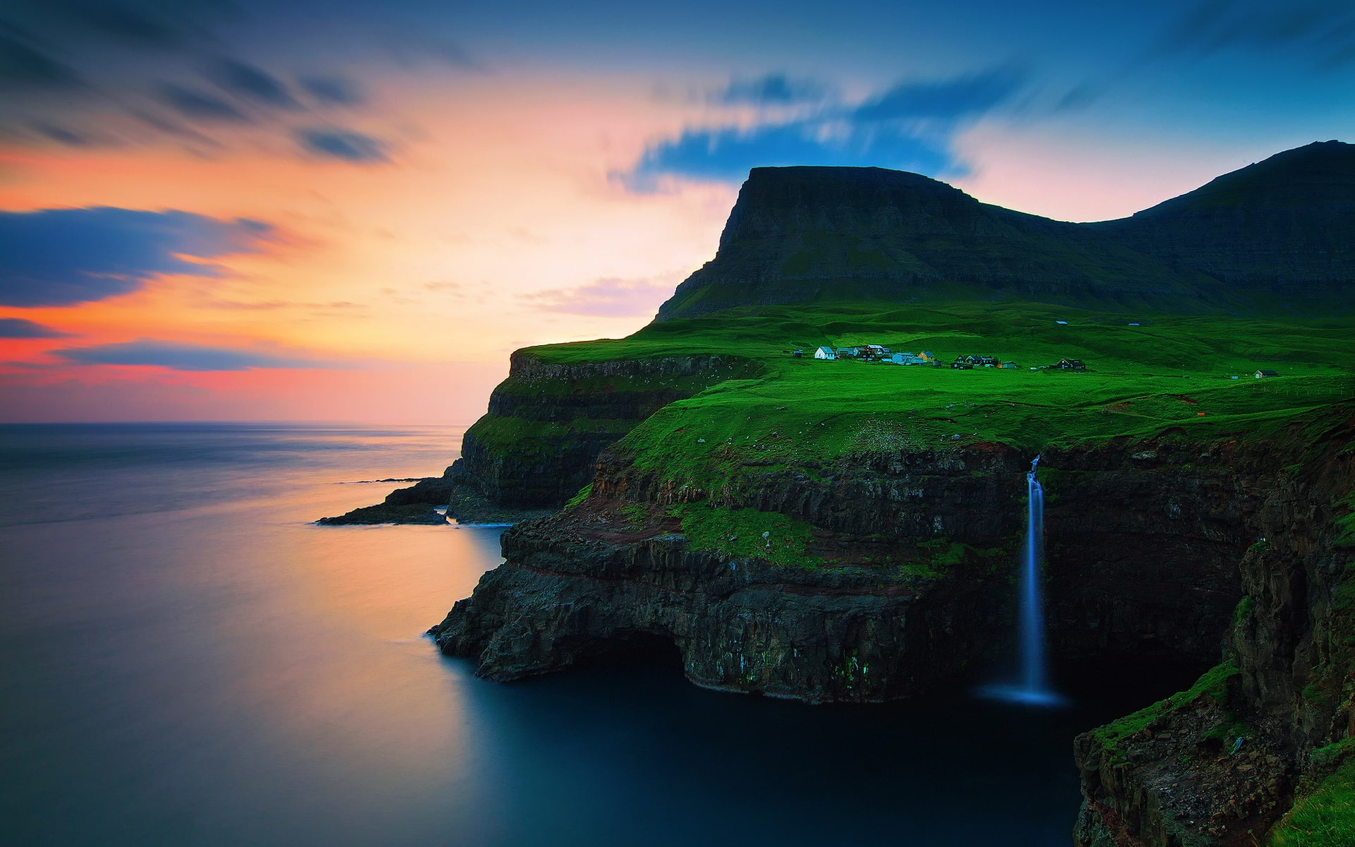 Denmark, the Faroe Islands, village, mountains, waterfalls, sunset