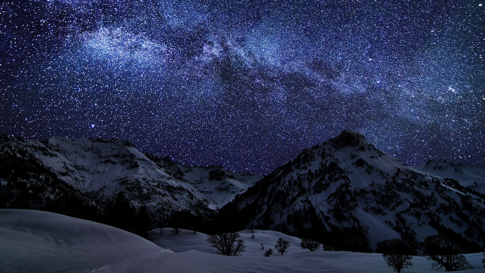 snow-covered mountains, stars, nature, space, landscape, night