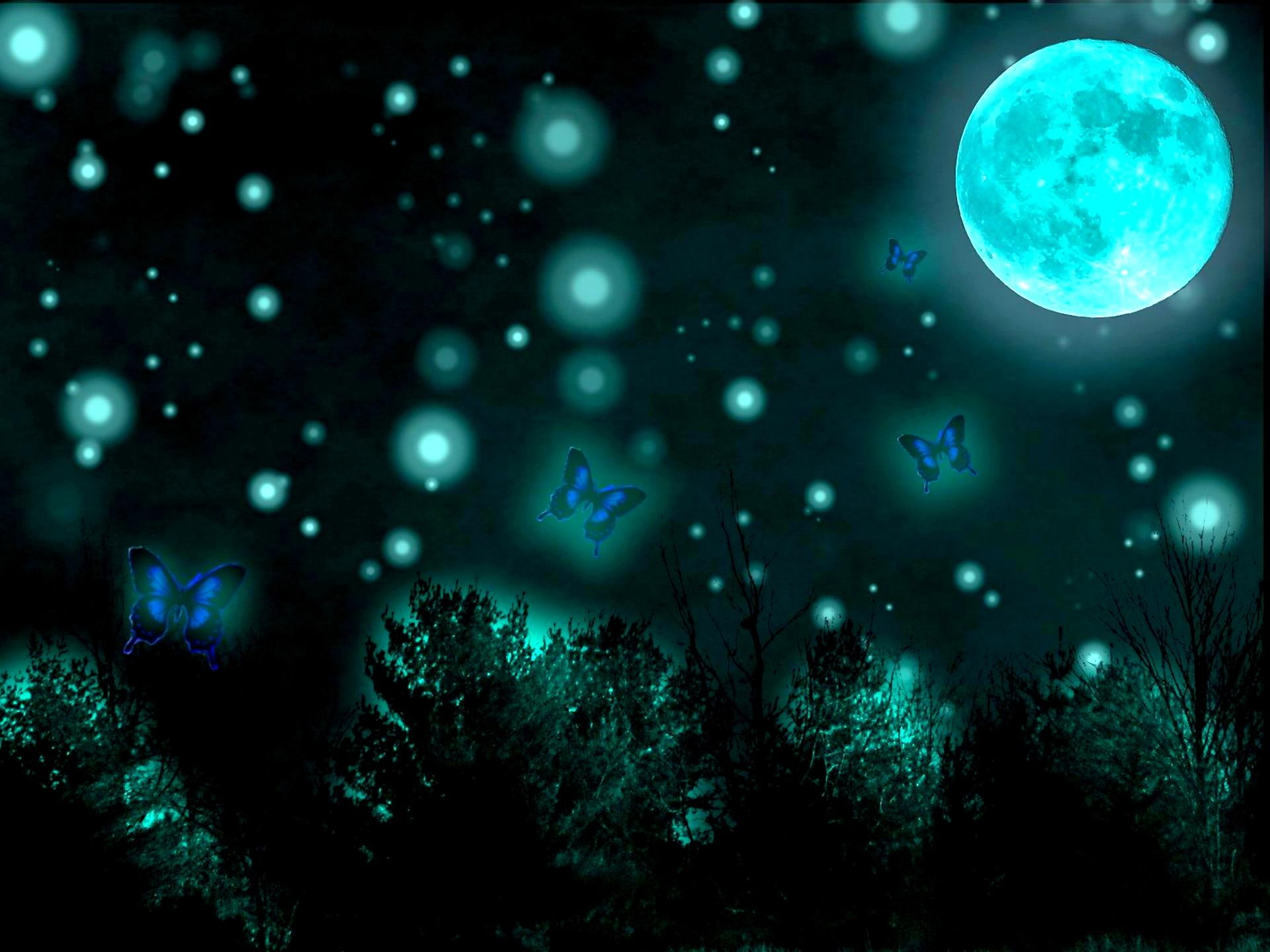 MOONLIGHT BUTTERFLIES, fullmoon, digital, grass