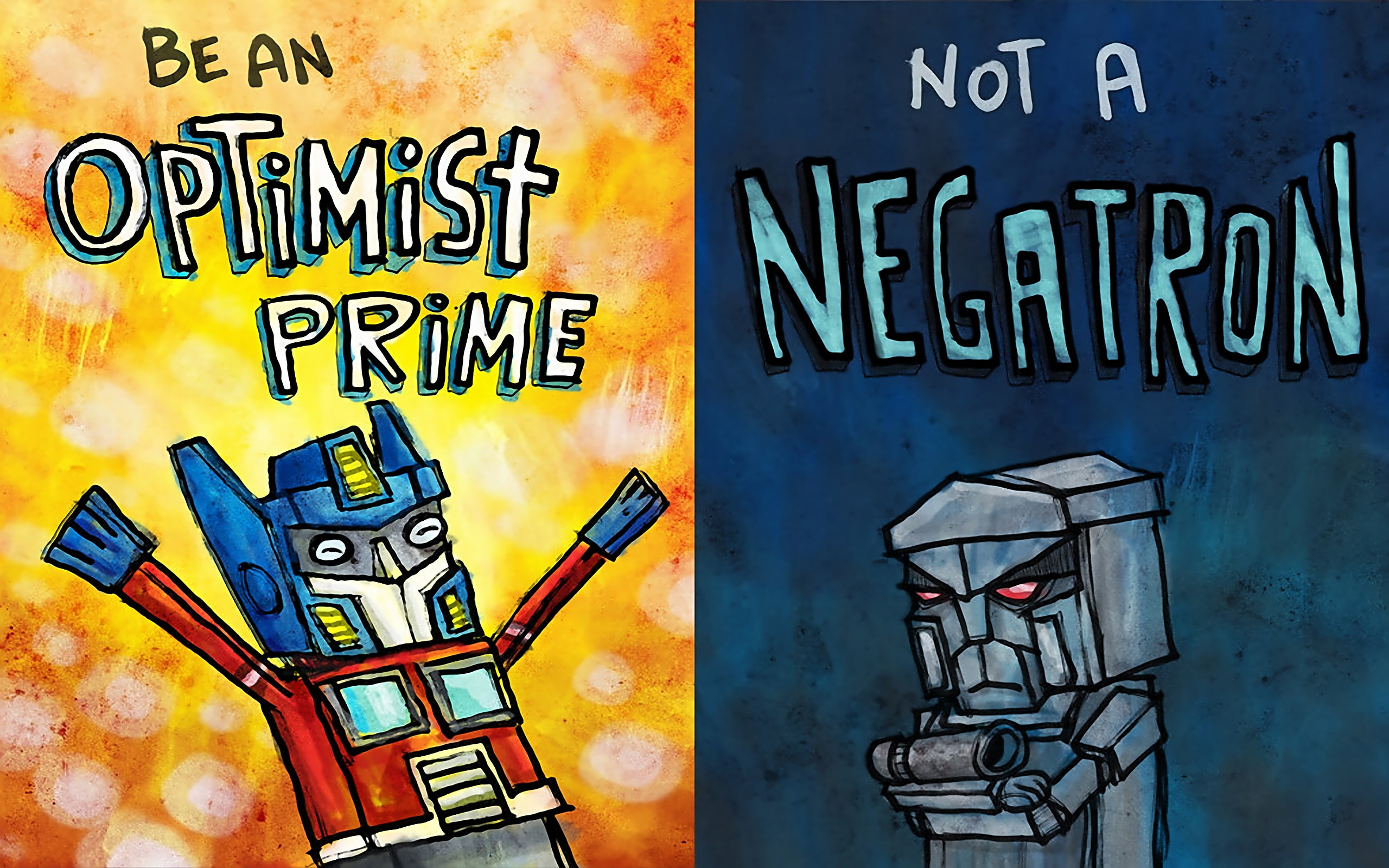 Optimist and Pessimistic, robots, funny, drawings