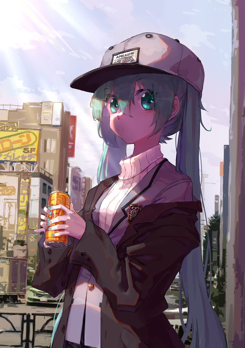 anime, anime girls, Vocaloid, Hatsune Miku, baseball cap, can