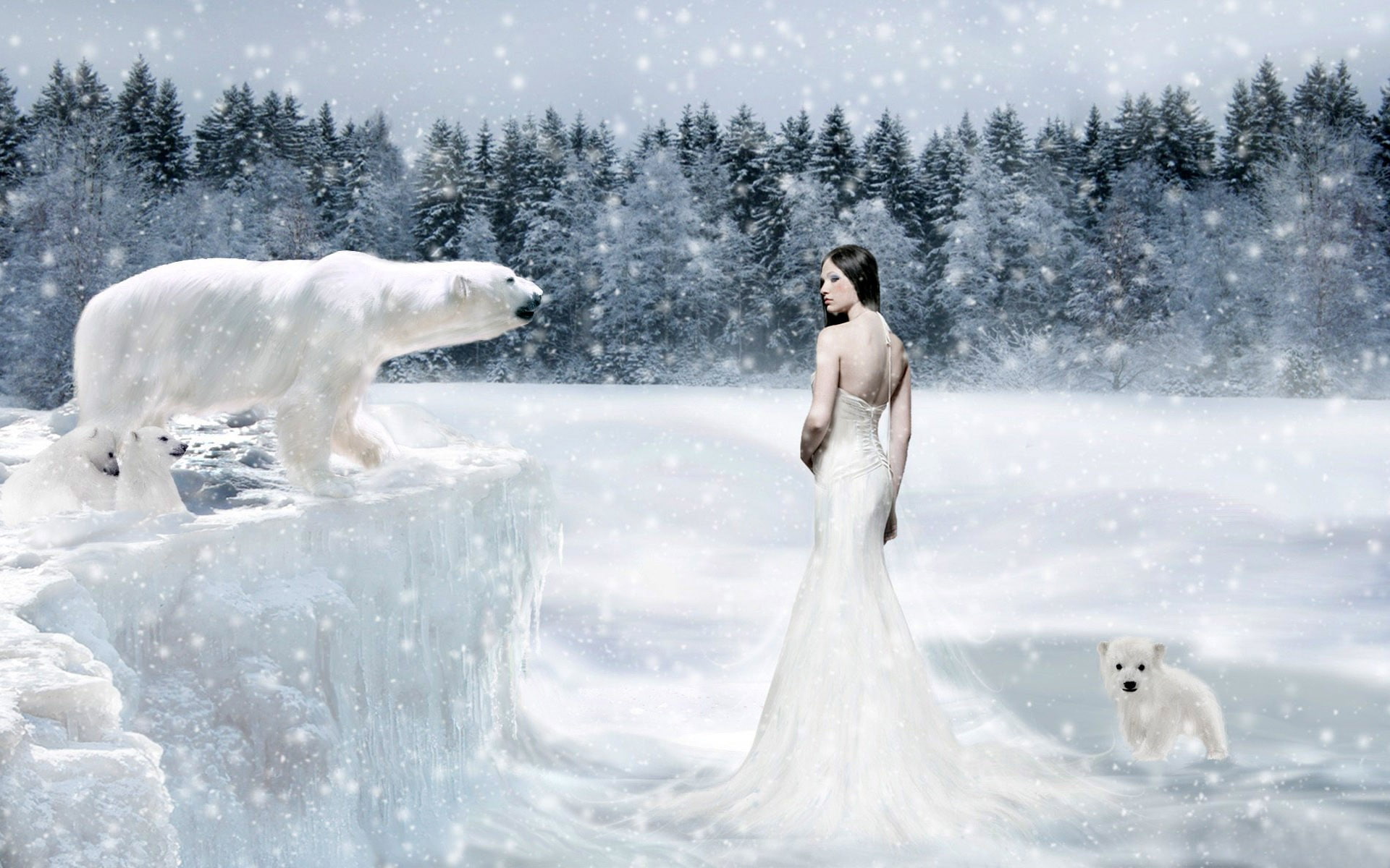 fantasy art, fantasy girl, polar bears