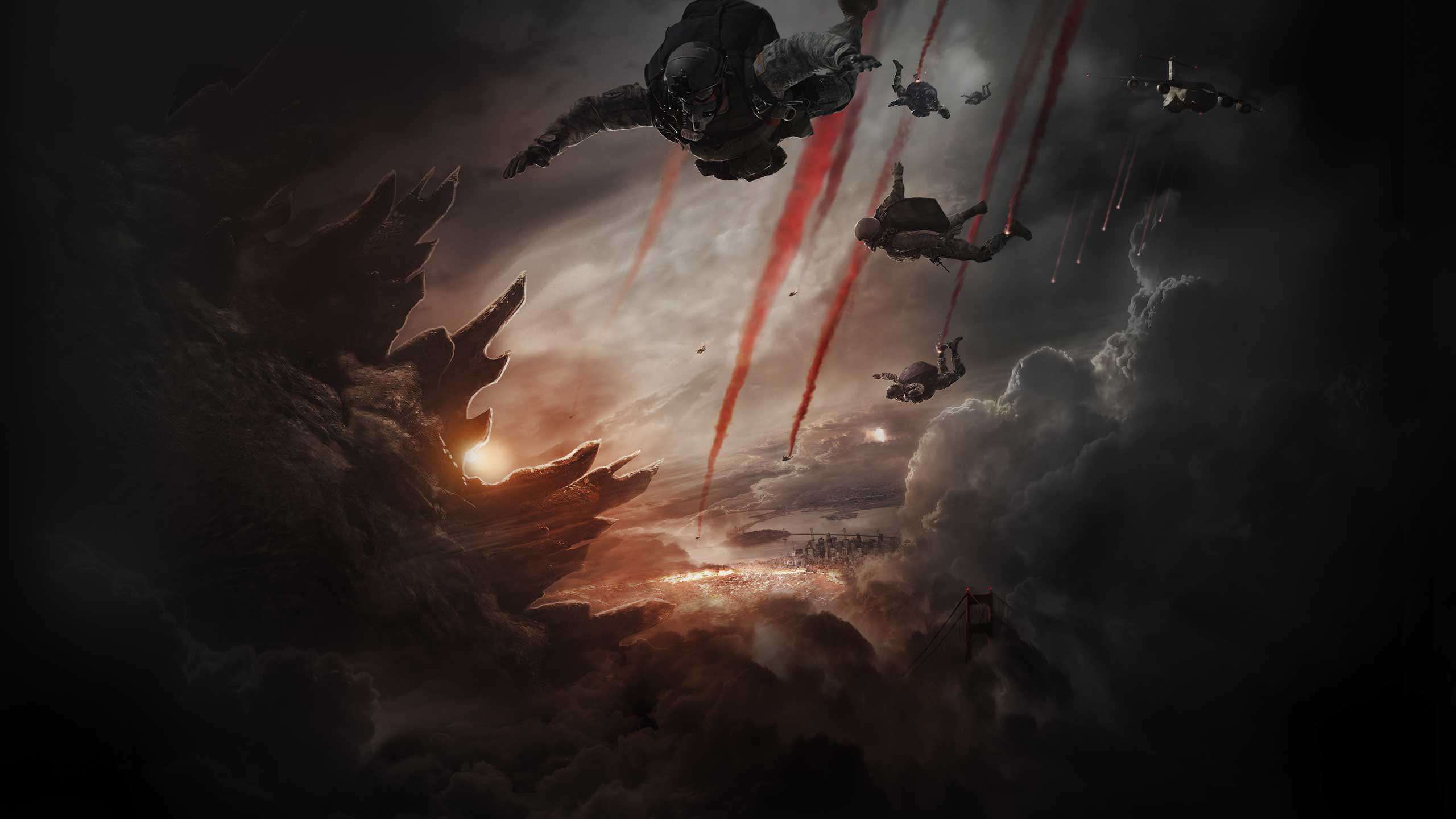 Godzilla Monster Giant Paratrooper Skydive Fall Flare Clouds HD, men falling from sky game illustration