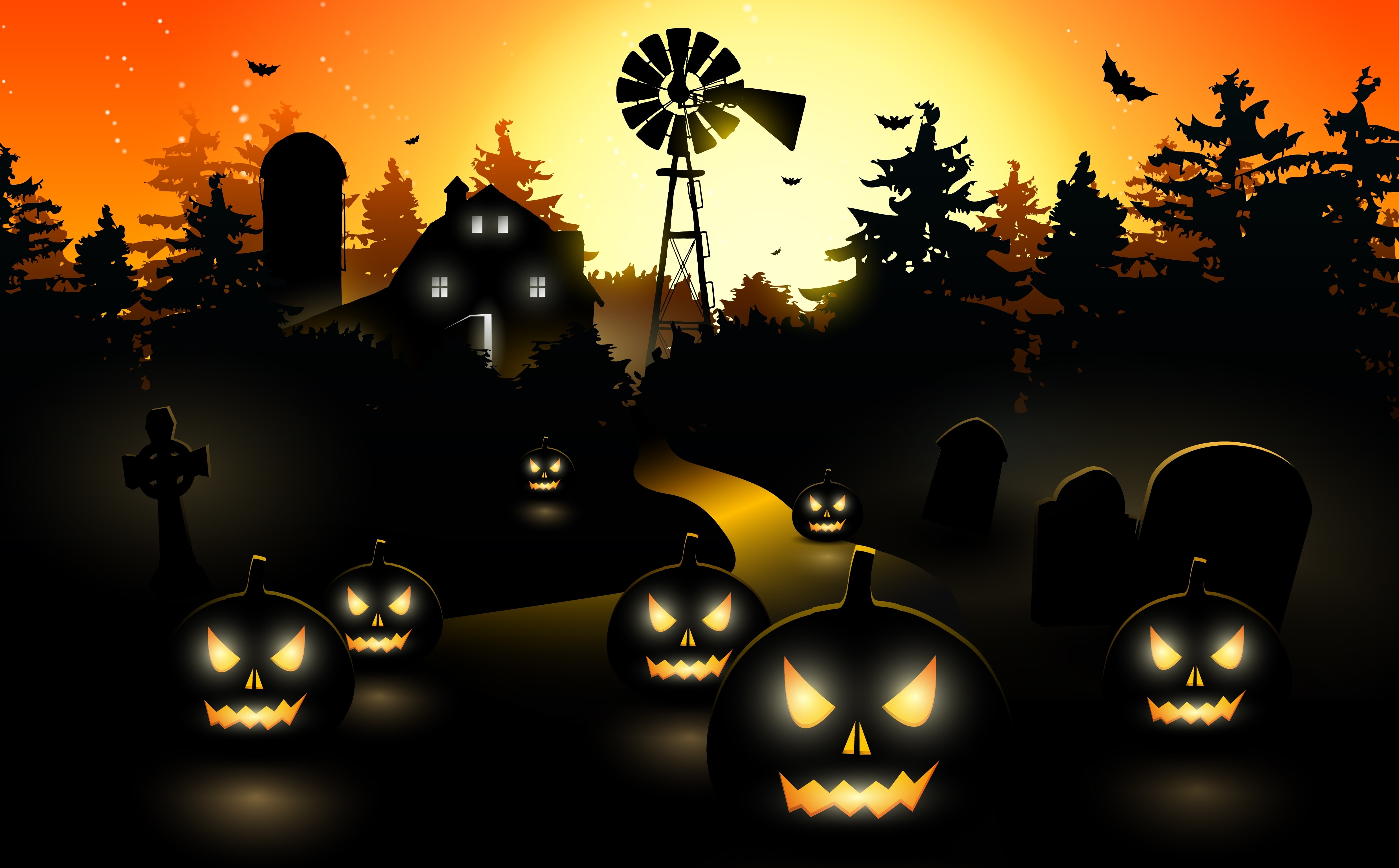 black and white Halloween wallpaper, trees, vector, pumpkin, bat