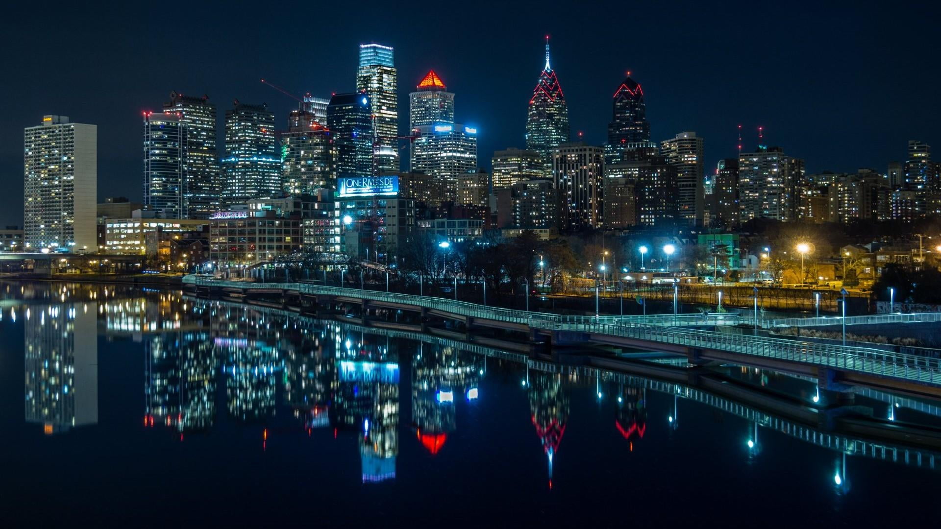 city lights, reflection, reflected, cityscape, philadelphia