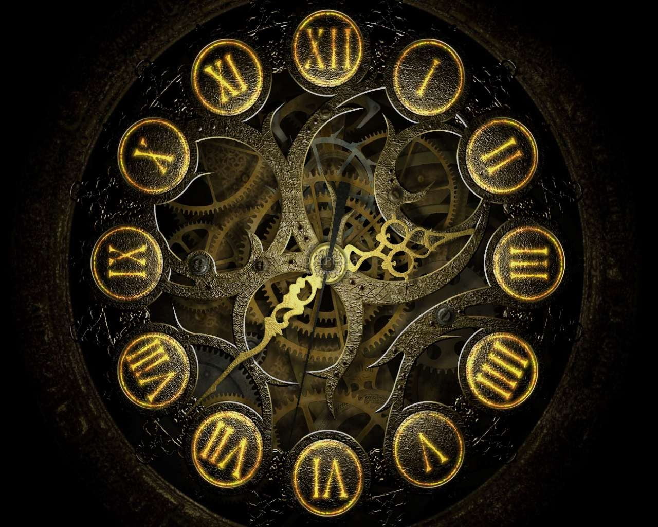 brown skeleton clock, 3planesoft, clocks, mechanics, black background