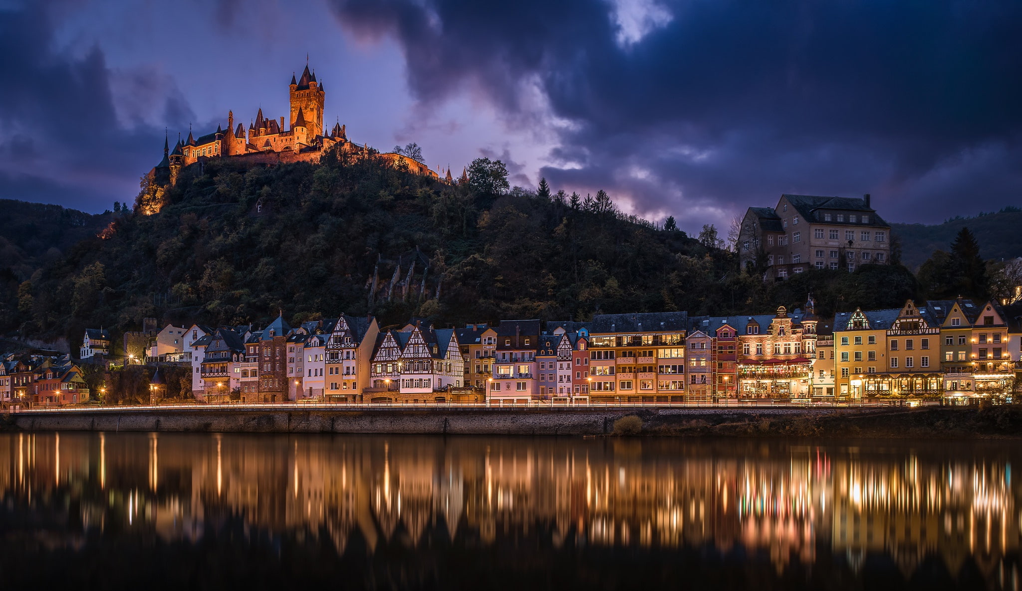 night, river, castle, building, home, Germany, hill, Cochem