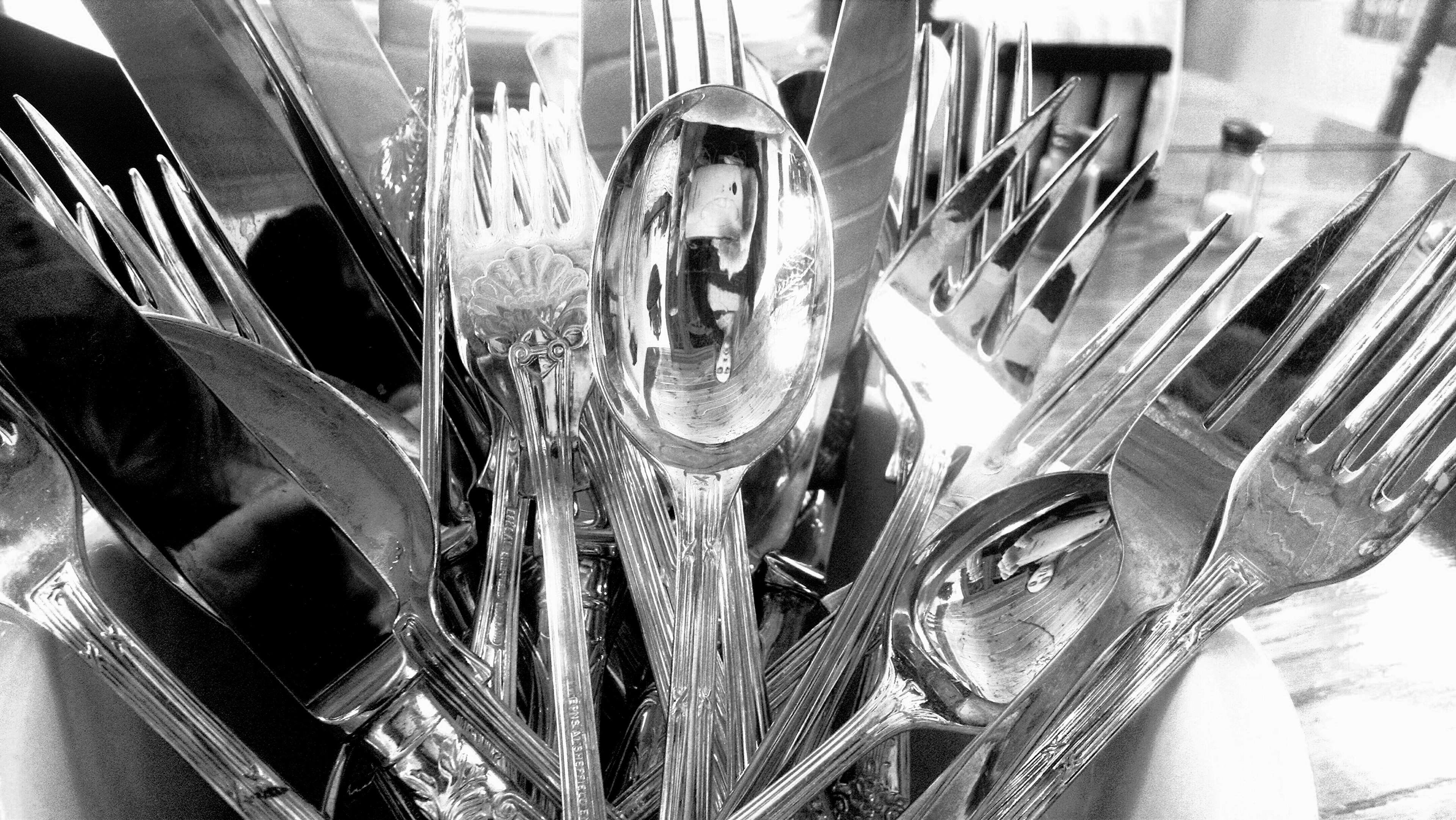 dinnerware, fork, knife, reflection, silverware, spoon, mode of transportation