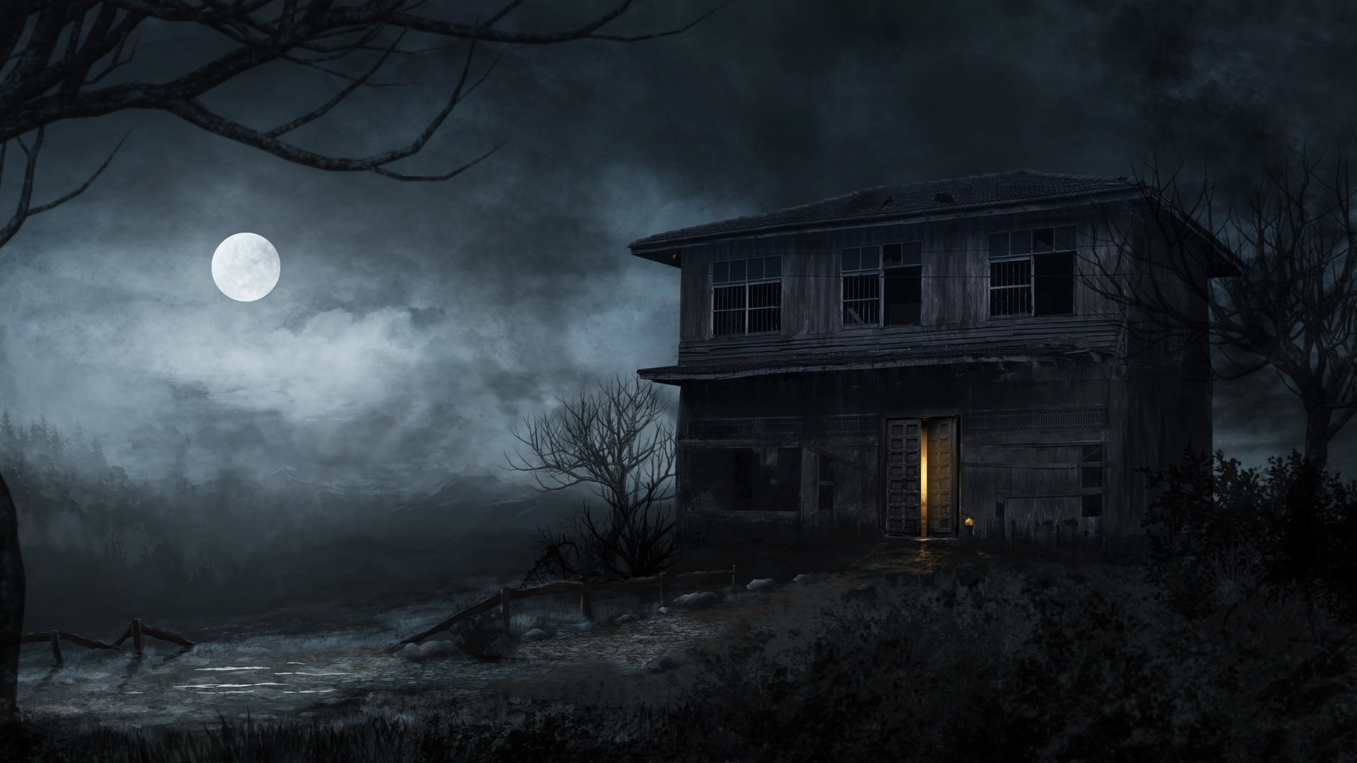 abandoned house, haunted, moonlight, night, trees, horror, scary