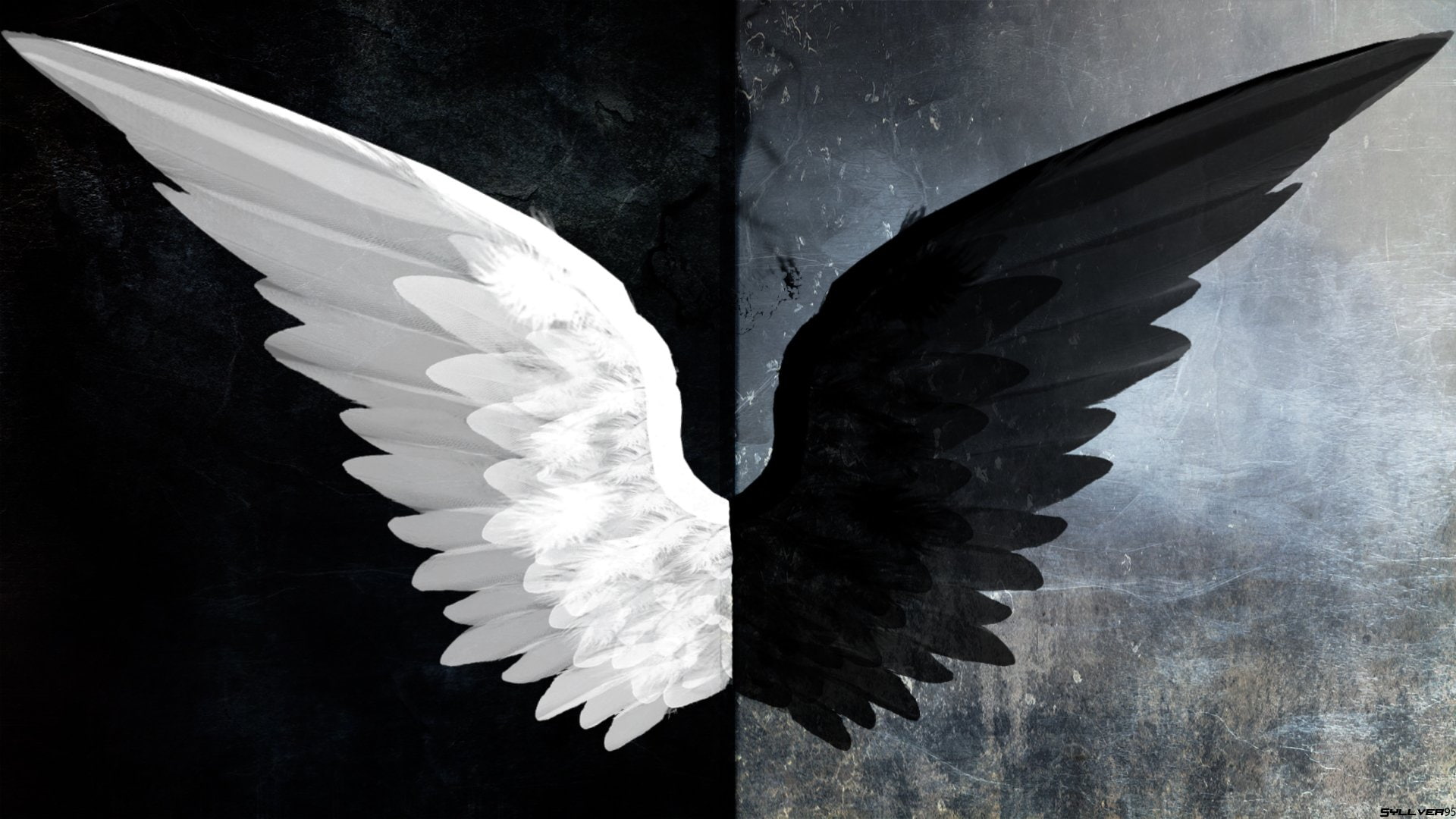 Fantasy, Angel, Black & White, Dark, Evil, Light, Wings