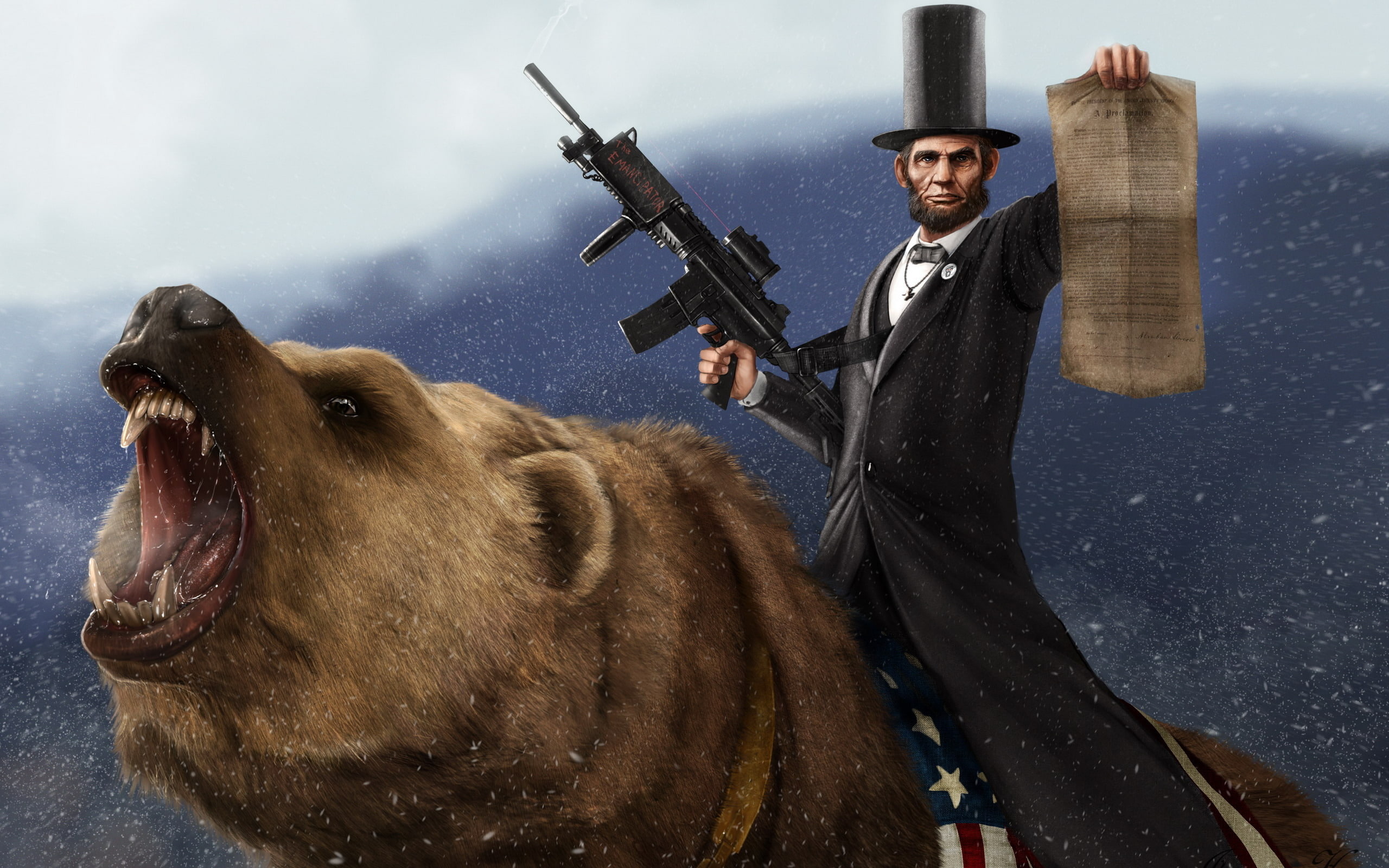 man holding assault rifle illustration, snow, machine, Bear, proclamation