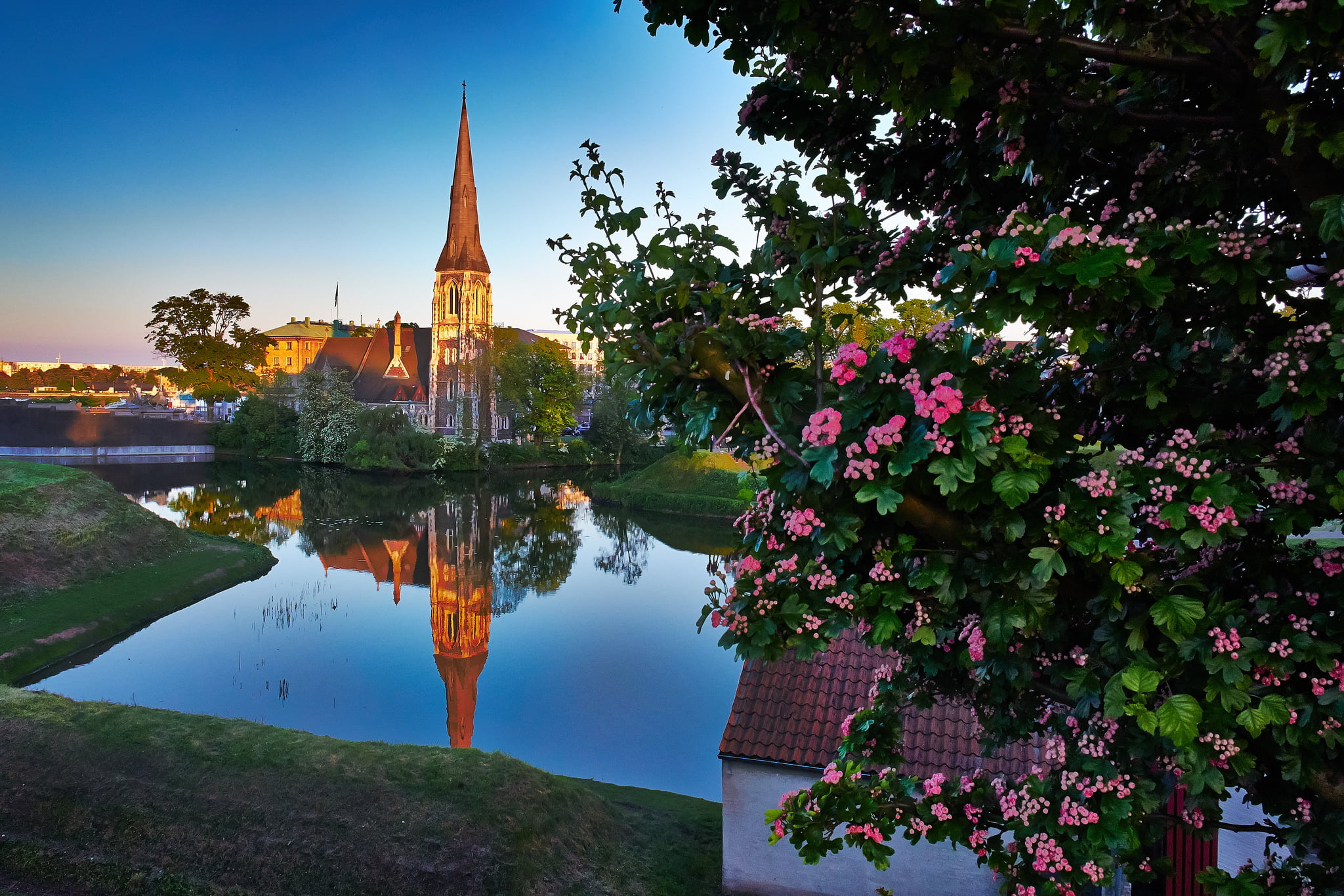 landscape, reflection, river, tree, Denmark, Church, Copenhagen