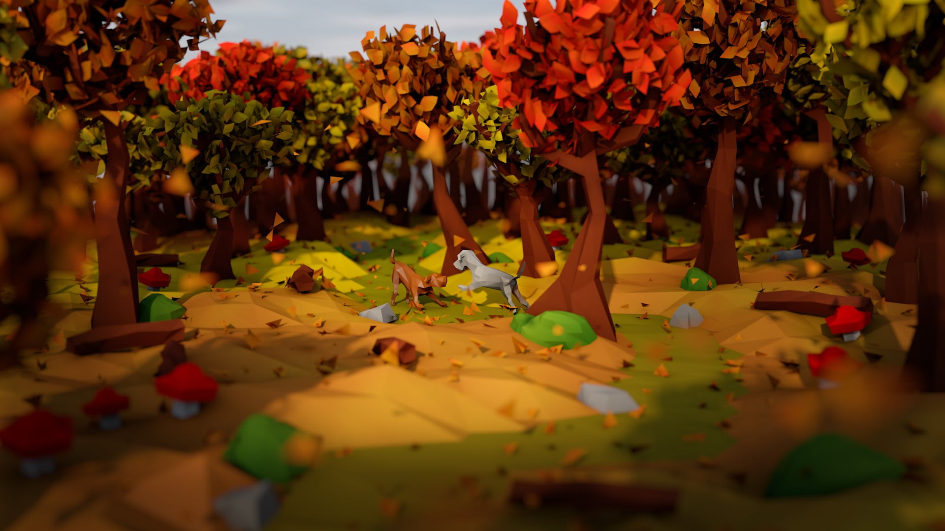 red leaf trees near animals cartoon illustration, artwork, digital art