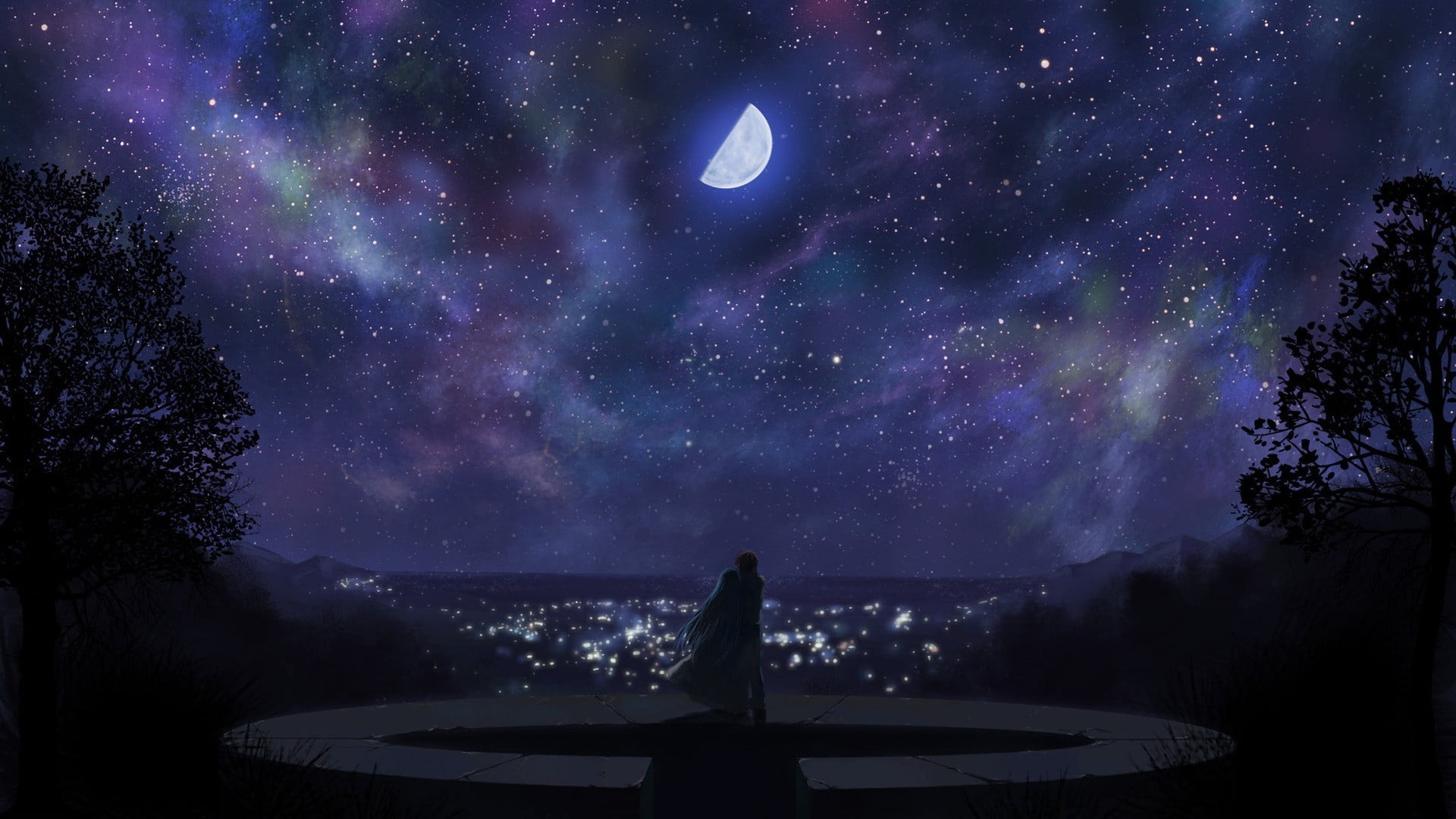 white cape, anime, sky, Moon, clouds, city, night, astronomy