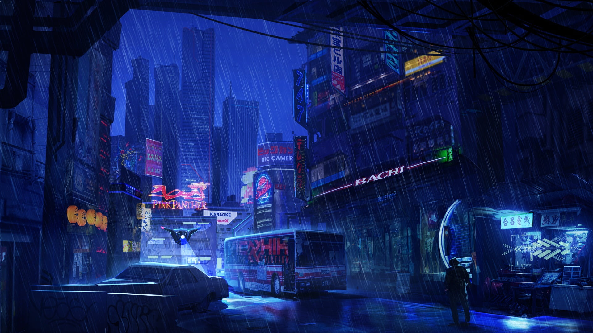artwork, futuristic, futuristic city, night, rain, dark, blue