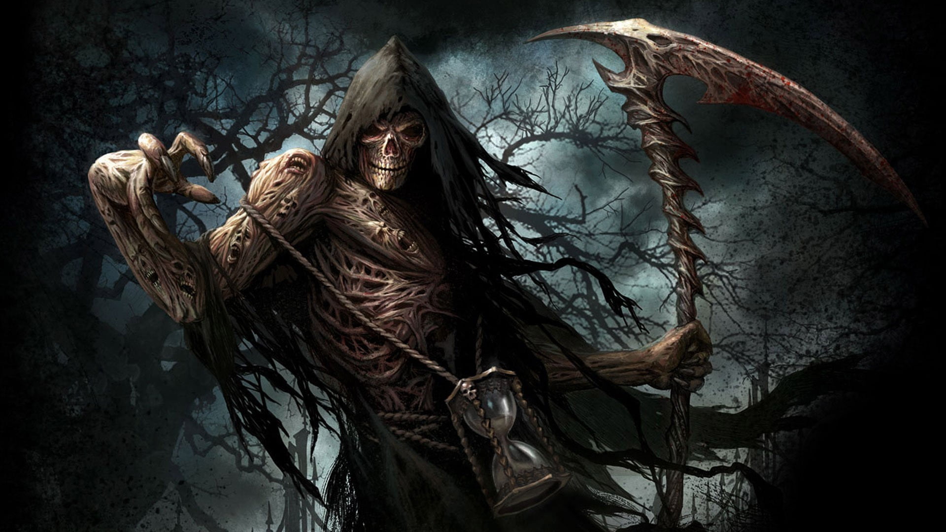 Grim Reaper illustration, undead, fantasy art, skull, hourglasses