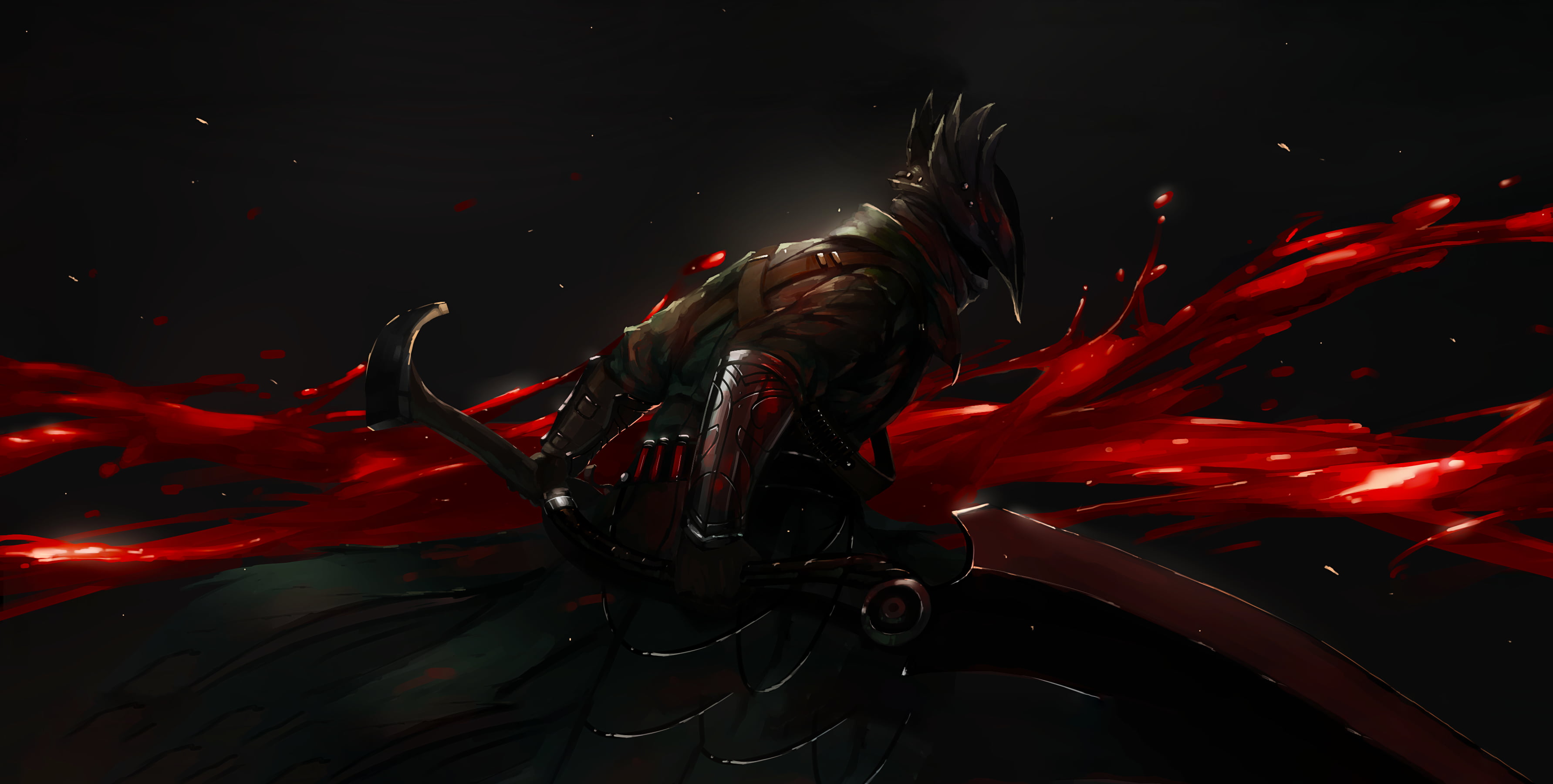 animated killer character, knight, blood, sword, Bloodborne, red