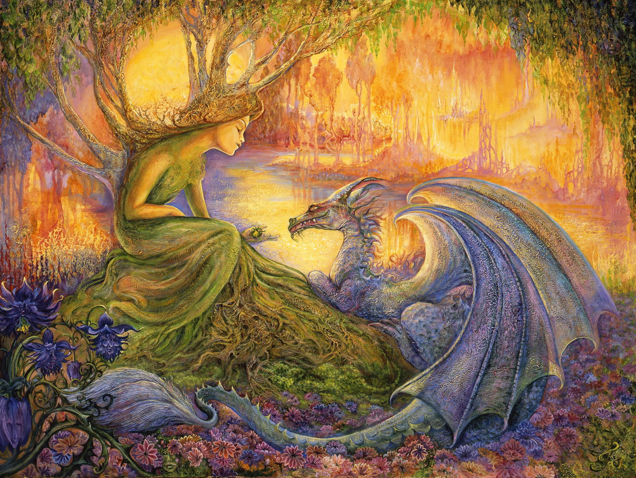 trees, flowers, stream, picture, painting, Josephine Wall, fairy forest