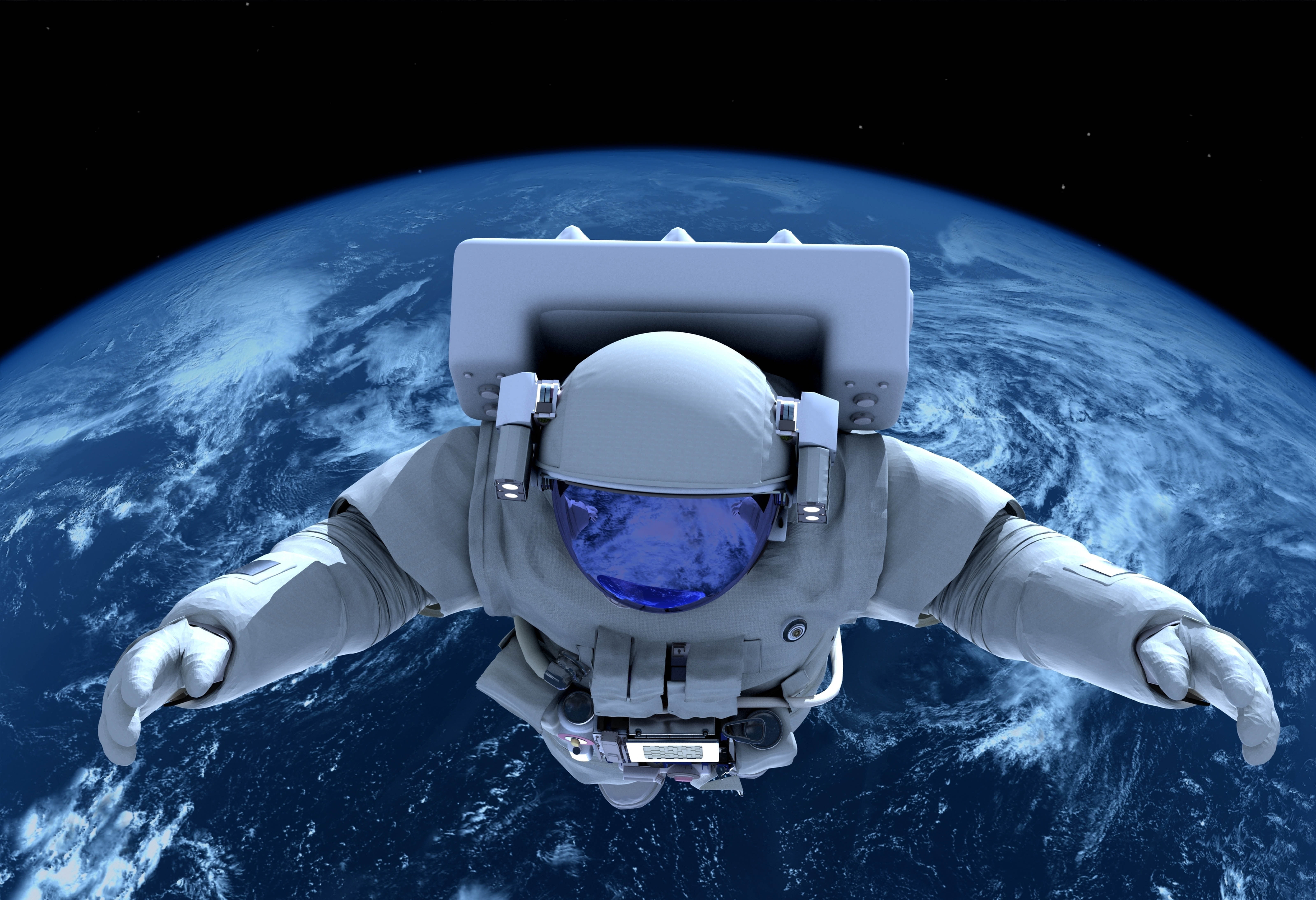 white and blue space suit, field, astronaut, the atmosphere, art