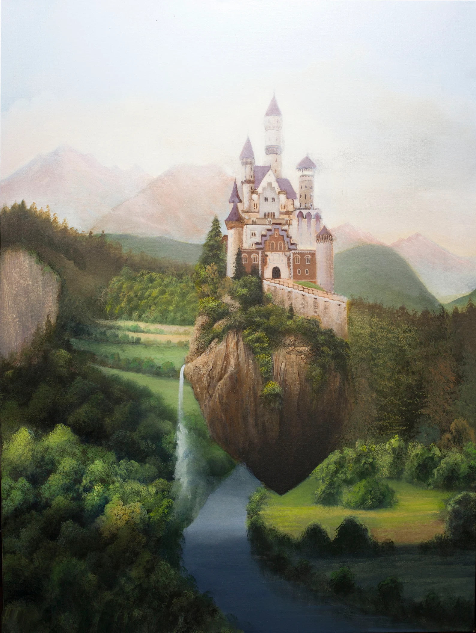 fantasy art, fantasy castle, mountains, landscape, forest, river