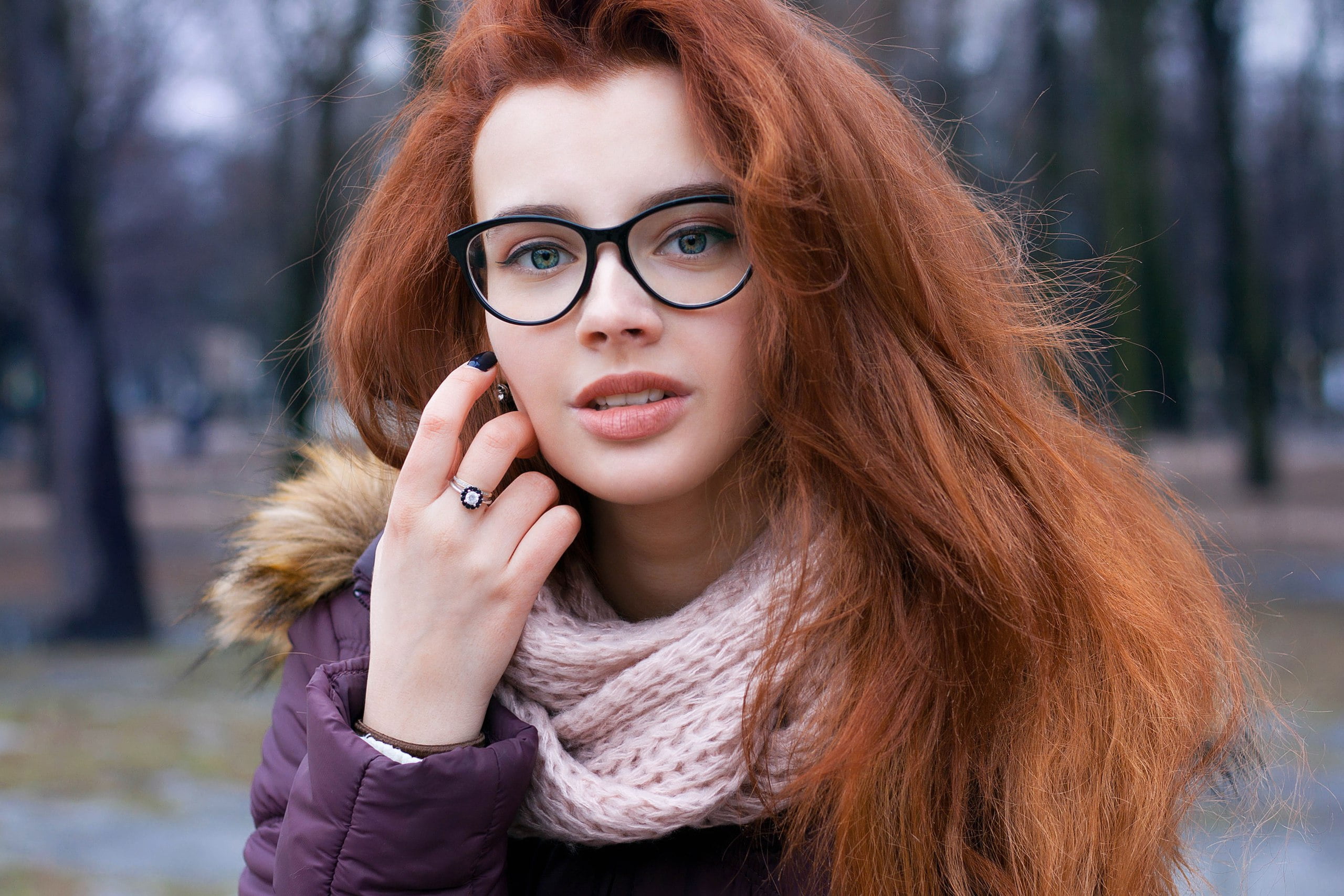 women, redhead, women with glasses, scarf, face, portrait, bokeh