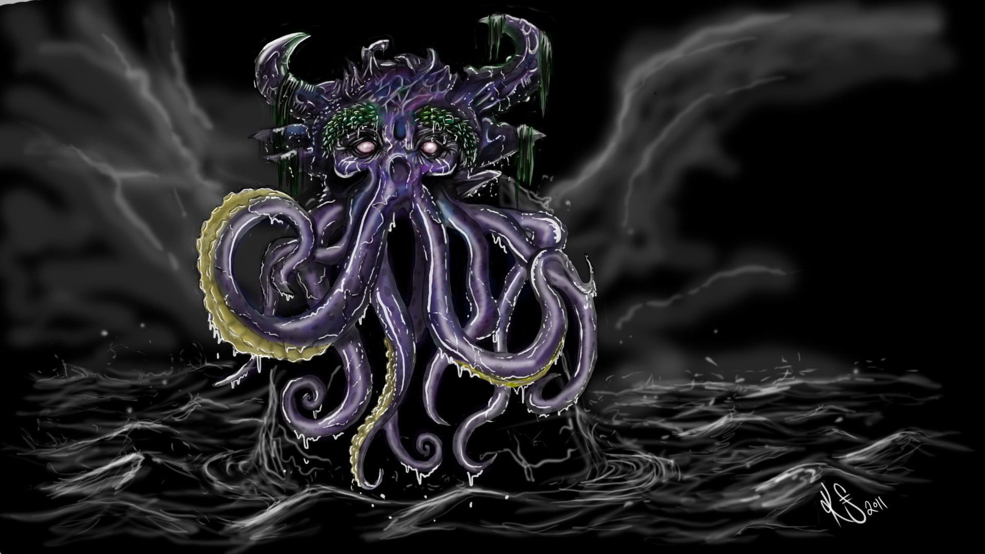 purple octopus sea creature painting, Cthulhu, horror, selective coloring