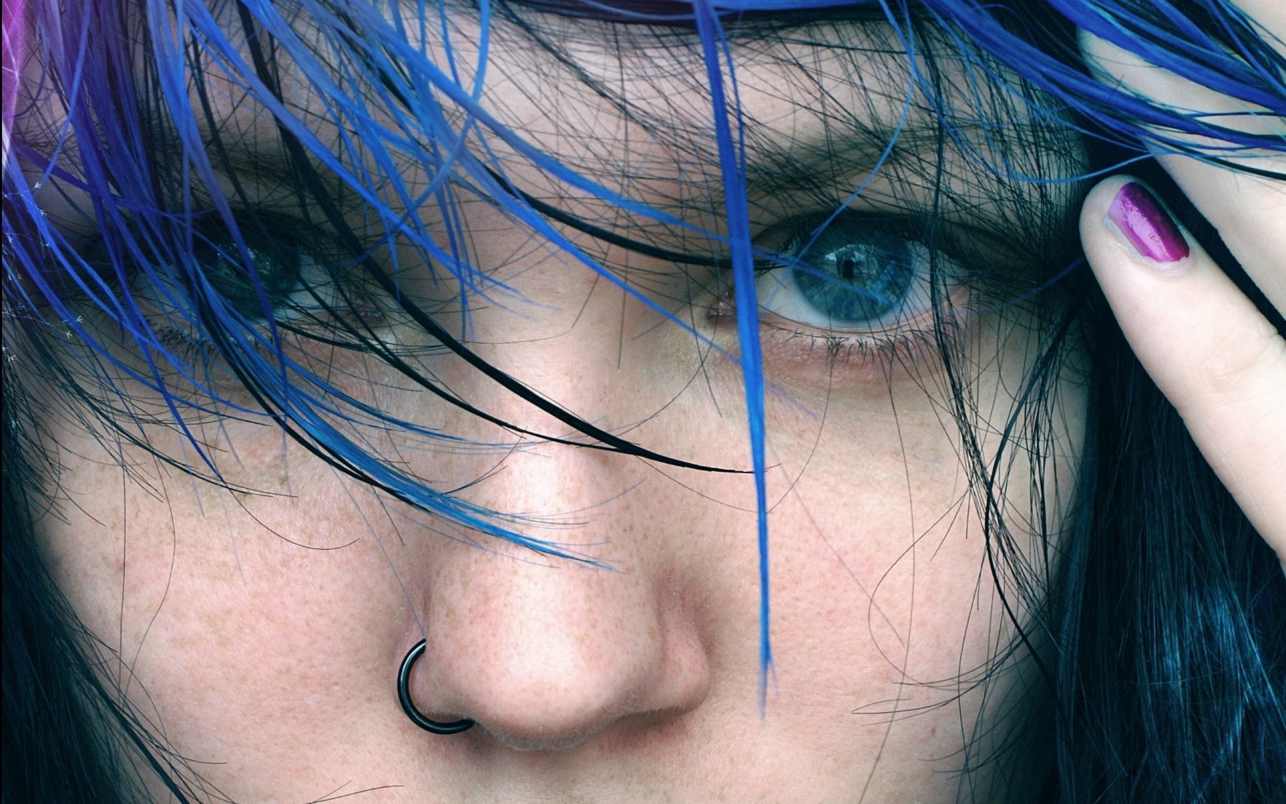 blue eyes, nose rings, pierced nose, model, violet nails, face