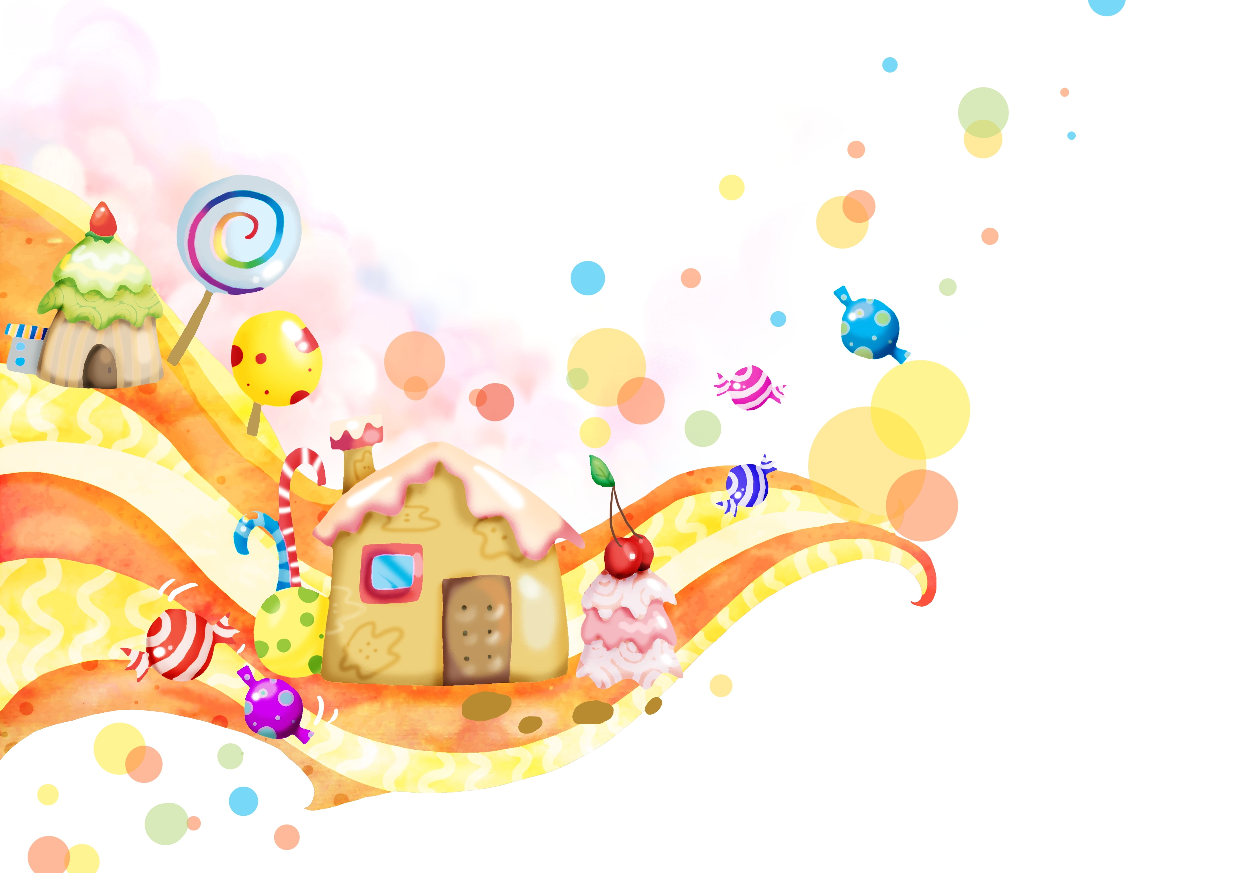 cookie village illustration, fantasy, home, candy, sweet, lollipops