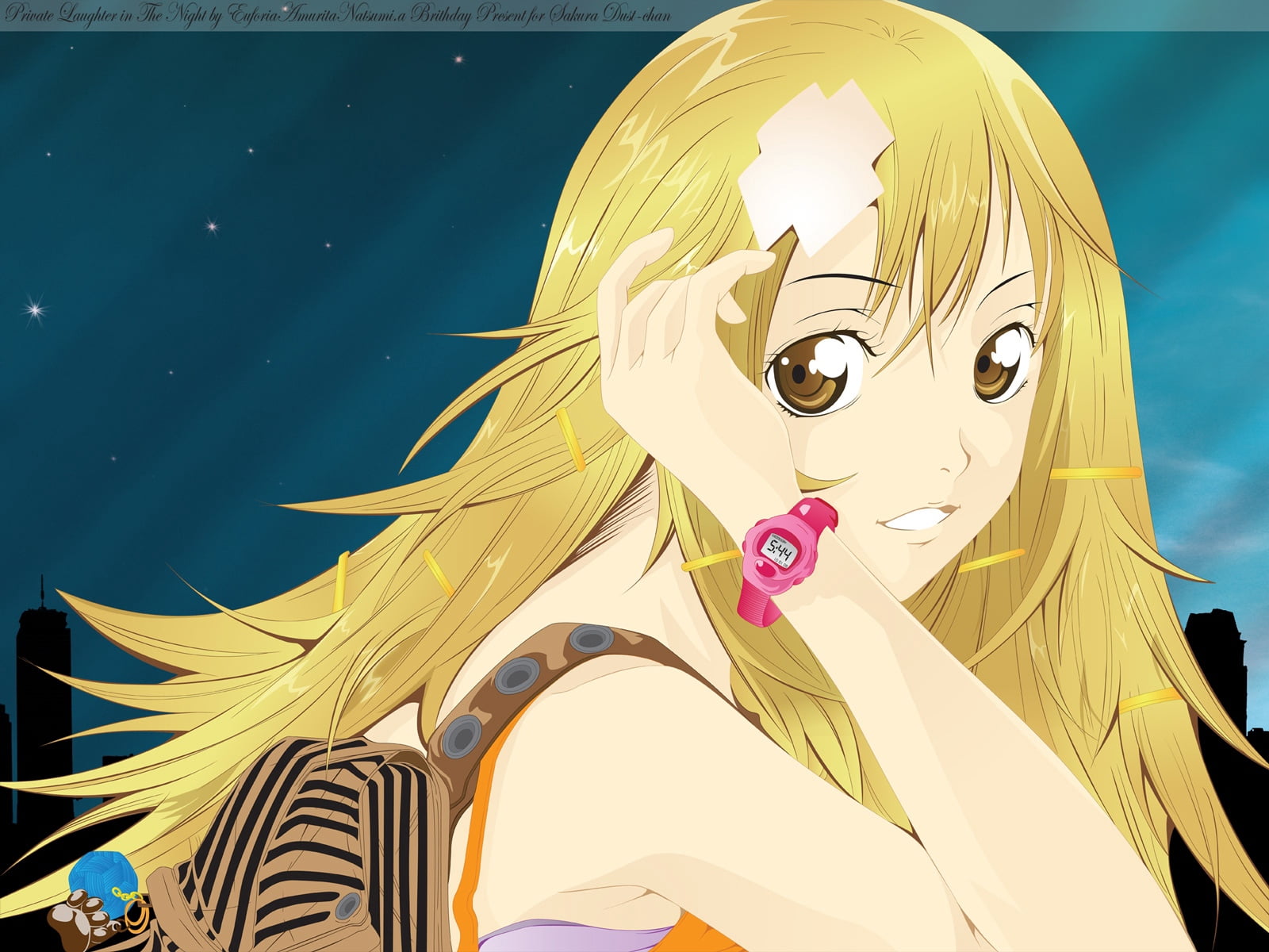 anime girl character with blonde hair, air gear, watches, gesture