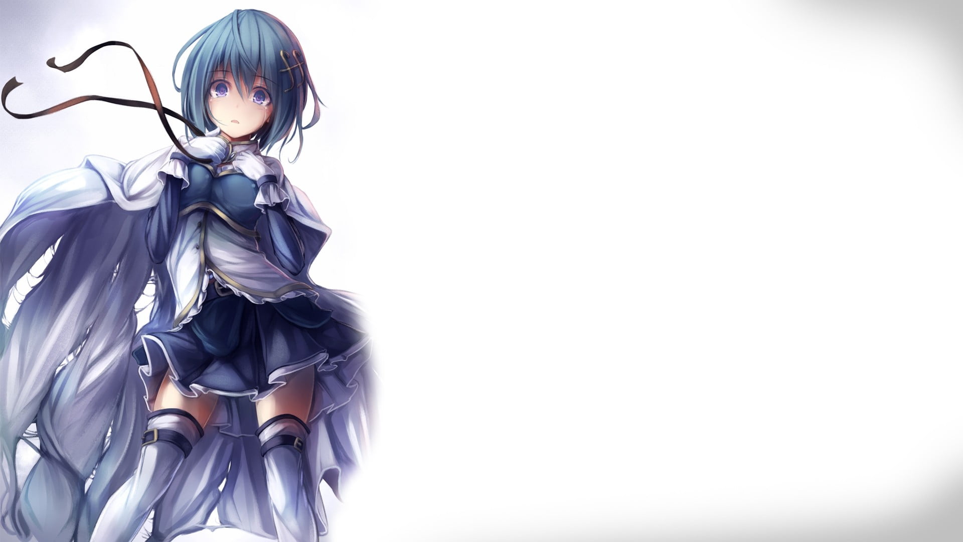 teal-haired girl wearing white and blue dress anime wallpaper