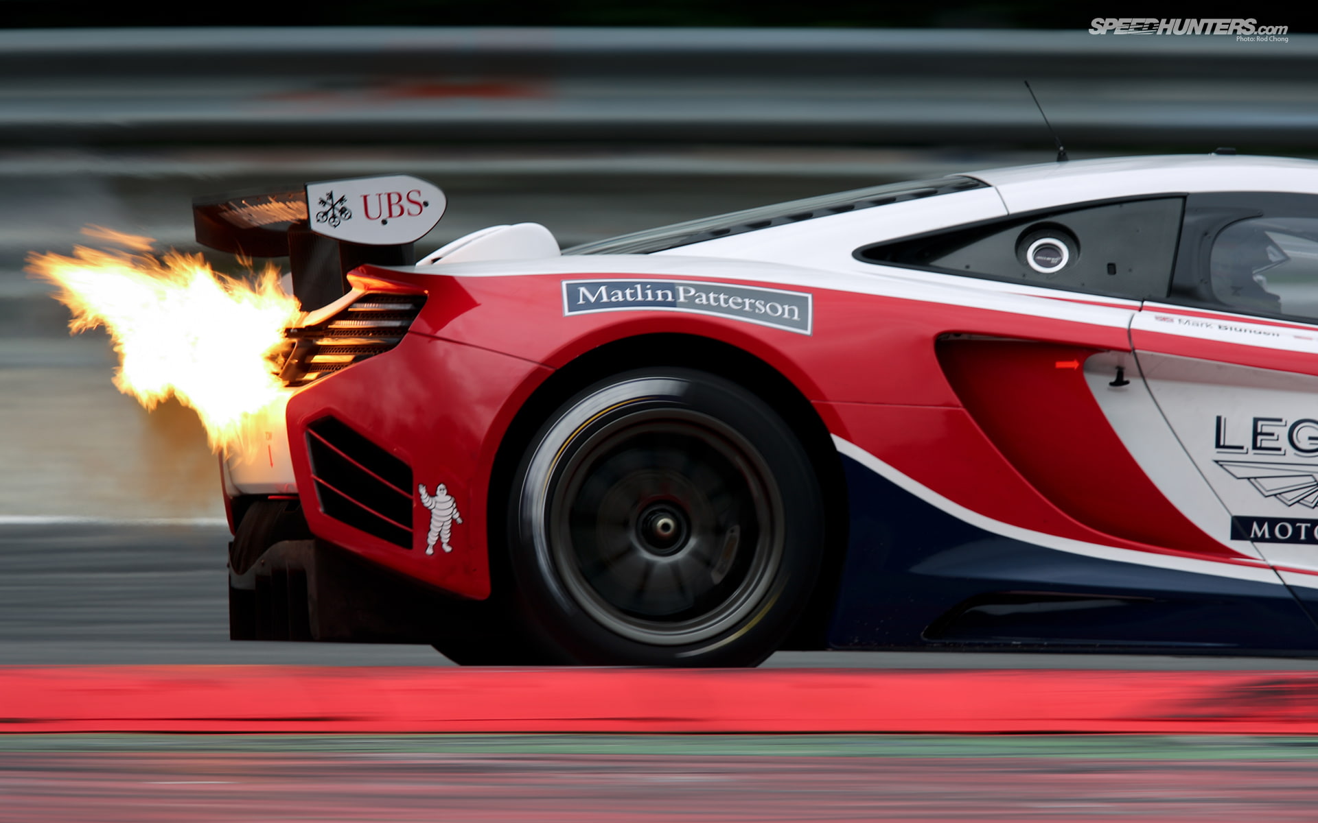 McLaren MP4-12C GT3 Backfire Flame Fire Motion Blur HD, red and white matlin patterson car