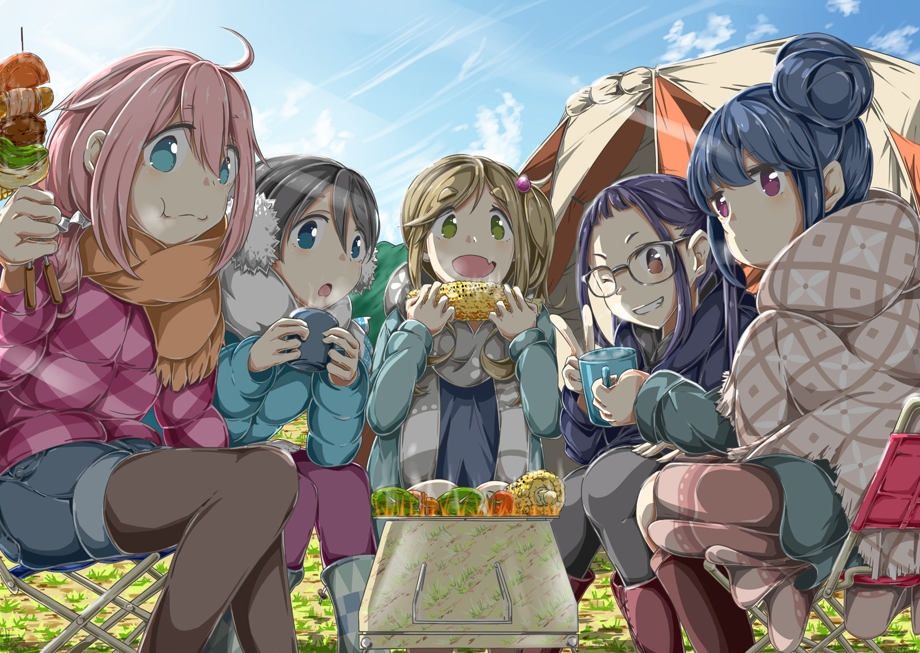 Yuru Camp, anime, anime girls eating, Rin Shima, Nadeshiko Kagamihara