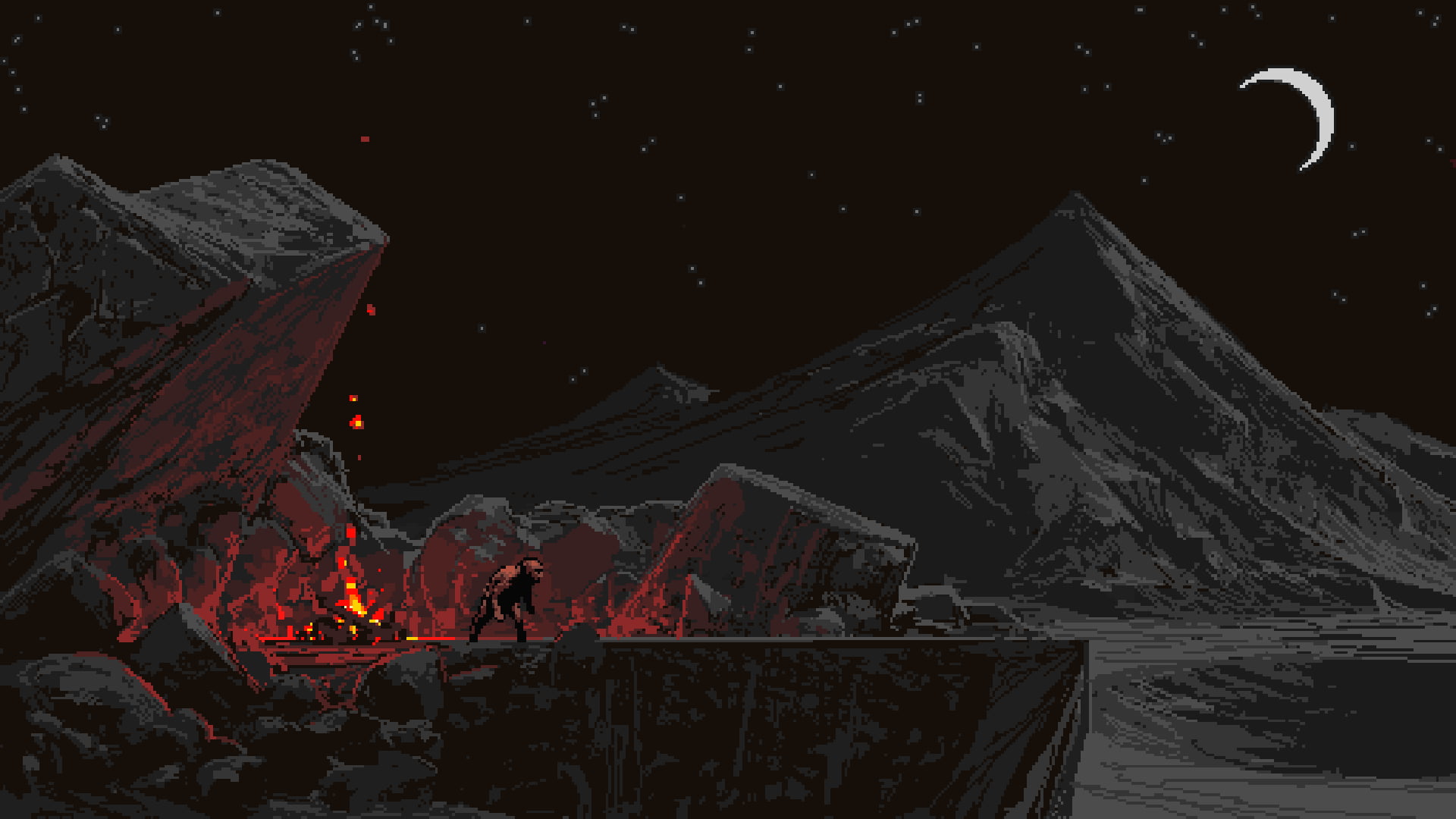 camp fire wallpaper, black rocky mountain, pixel art, Moon, The Sin of Man