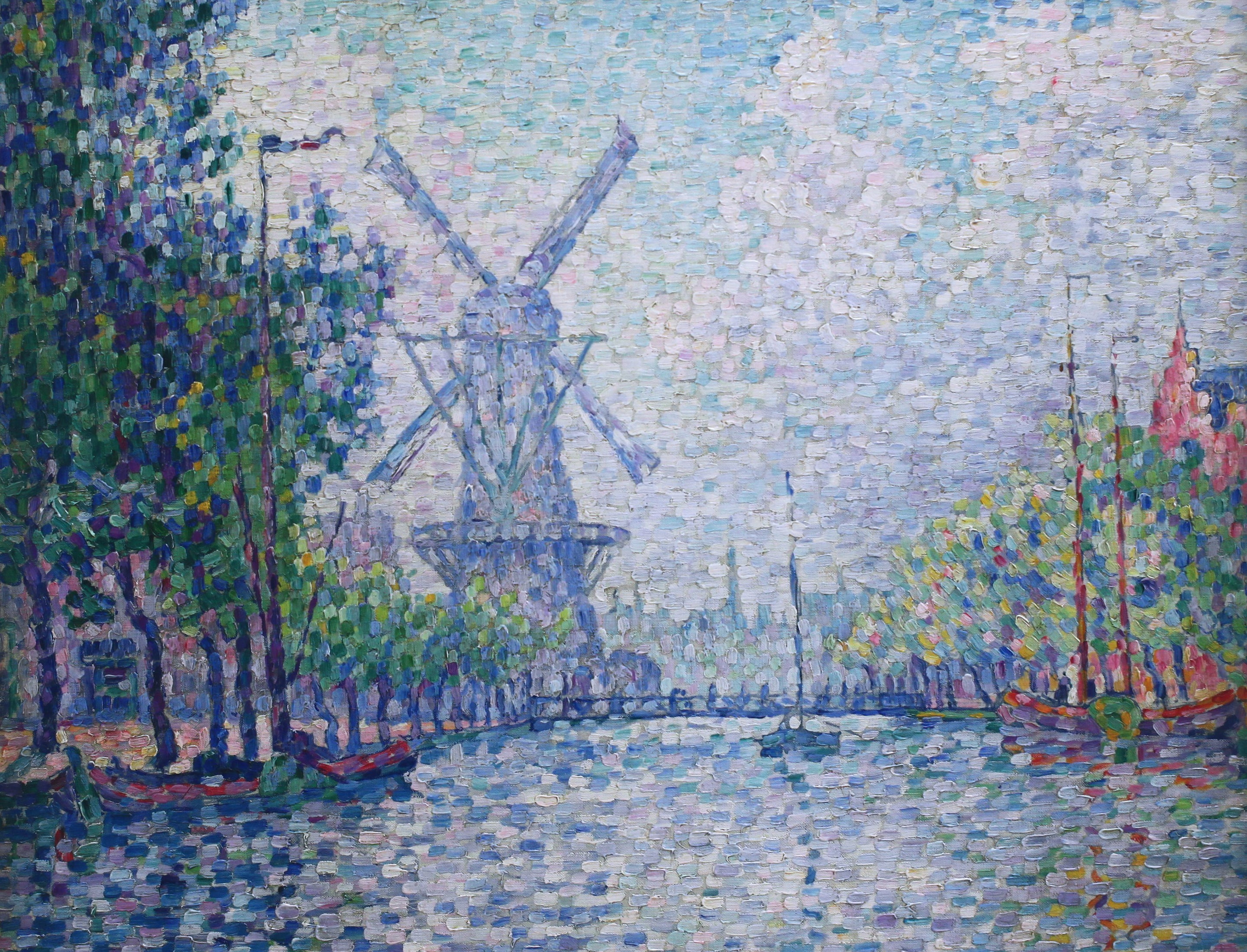 landscape, picture, windmill, Paul Signac, pointillism, Morning on the Canal