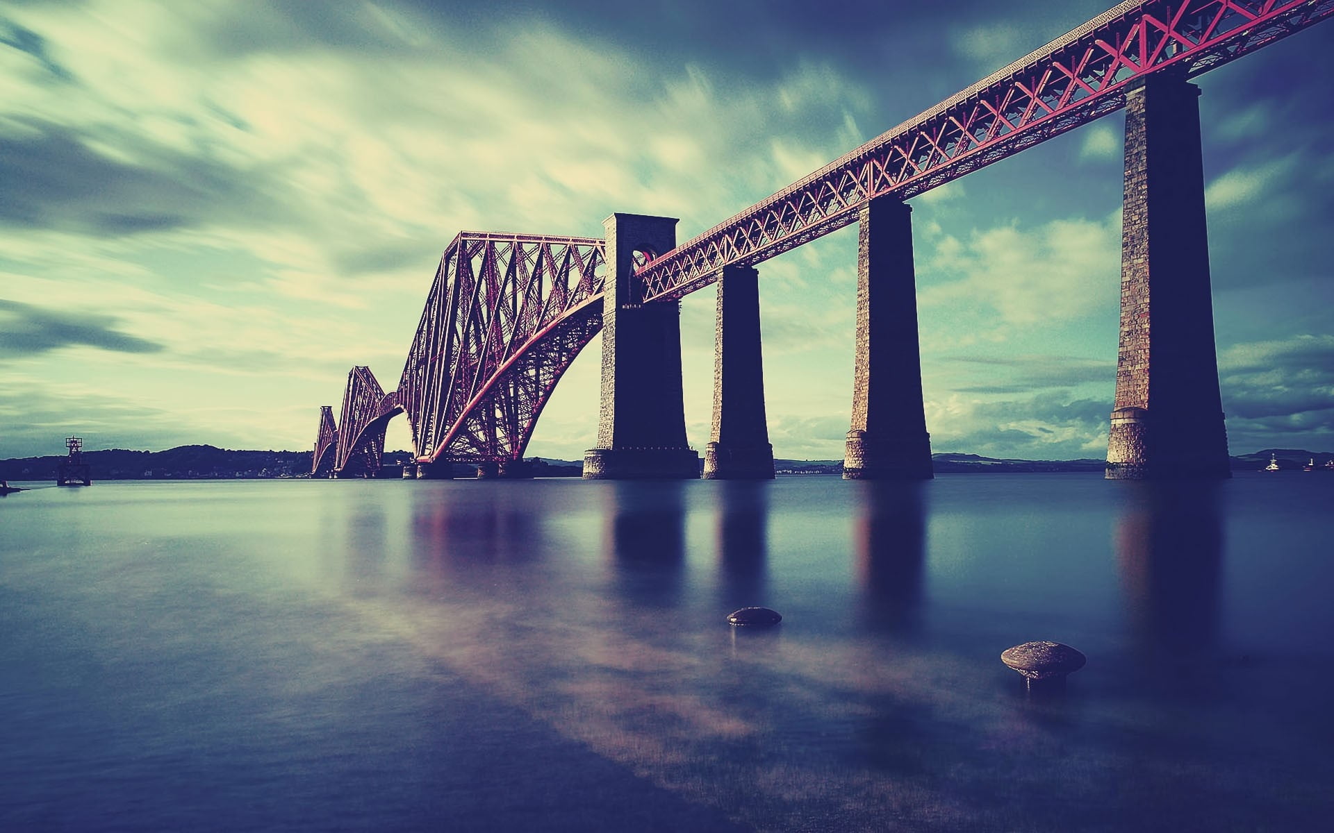 gray and red metal bridge, scotland, forth rail bridge, railway