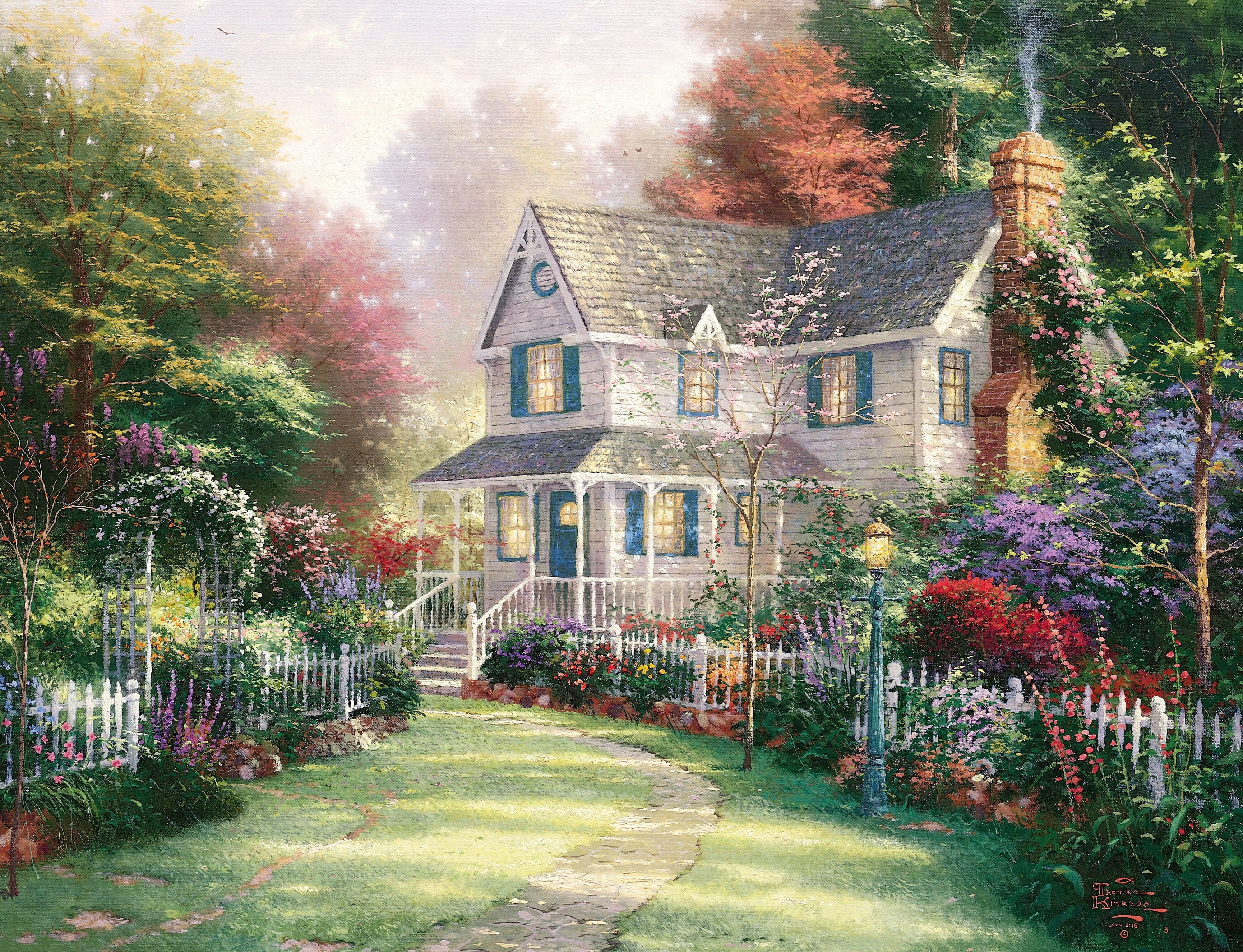 house with flower garden wallpaper, summer, painting, cottage