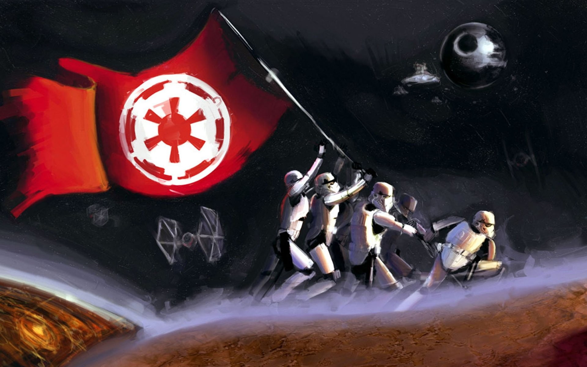 stormtrooper, flag, artwork, Death Star, Star Wars