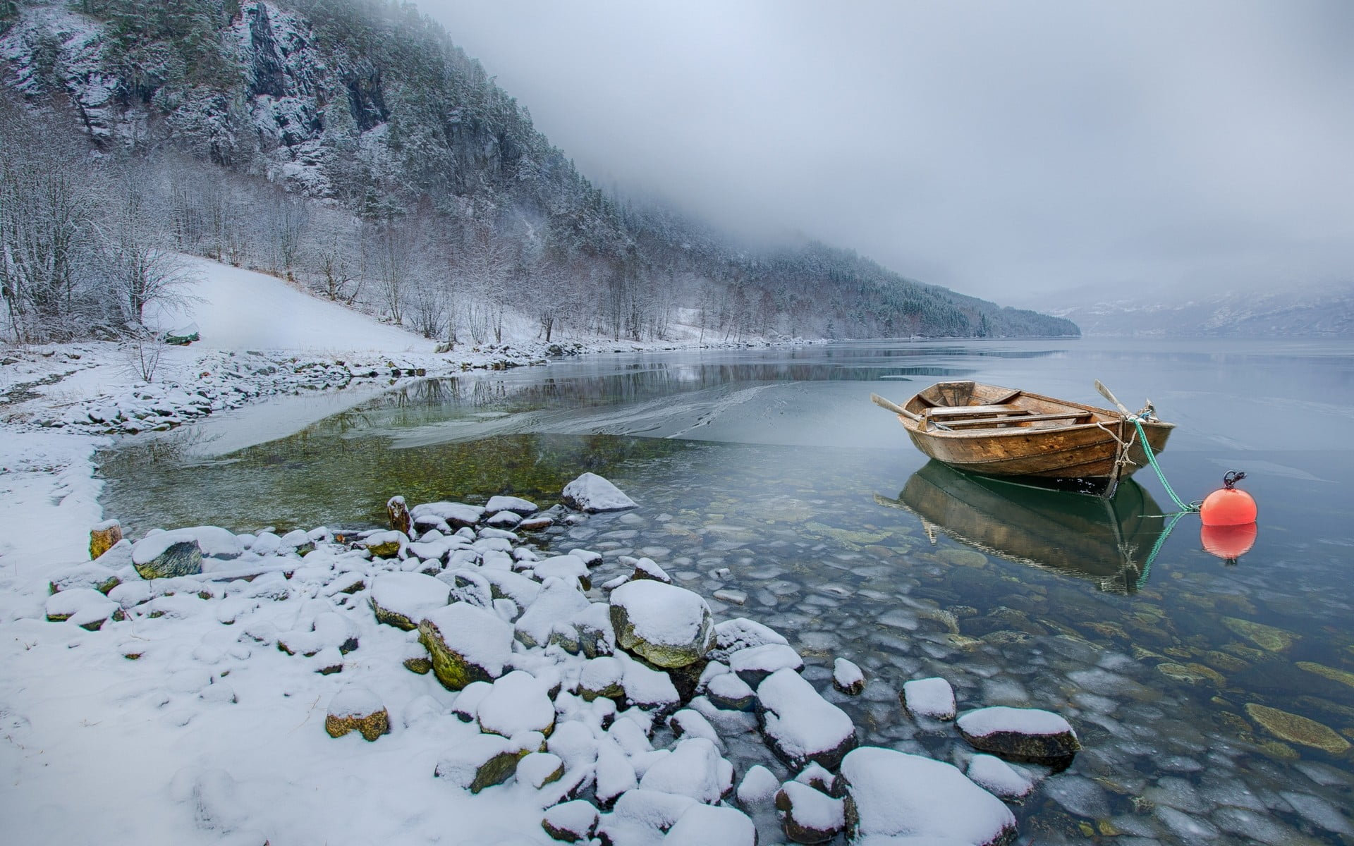 brown boat, nature, landscape, snow, lake, mountains, winter