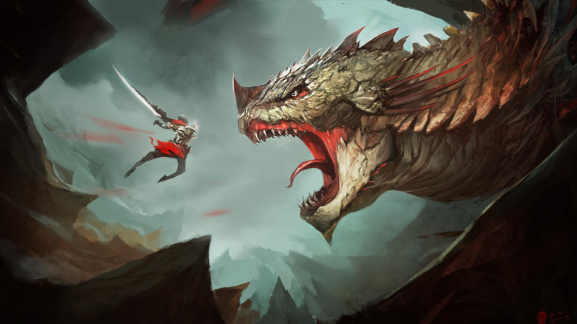 Free Download Hd Wallpaper Person Holding Sword In Front Of Green Dragon Illustration