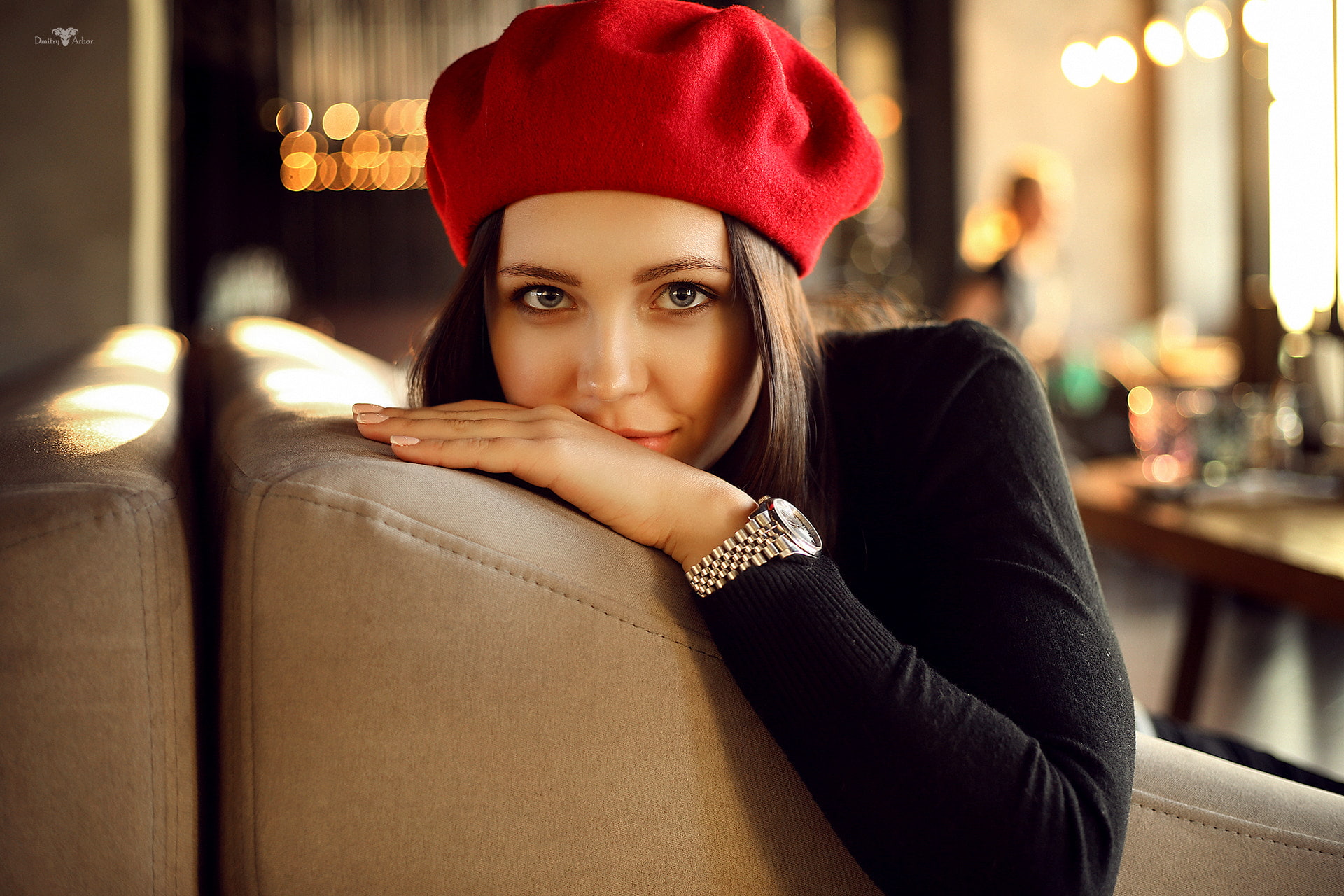 sitting, portrait, gray eyes, smiling, berets, looking at viewer