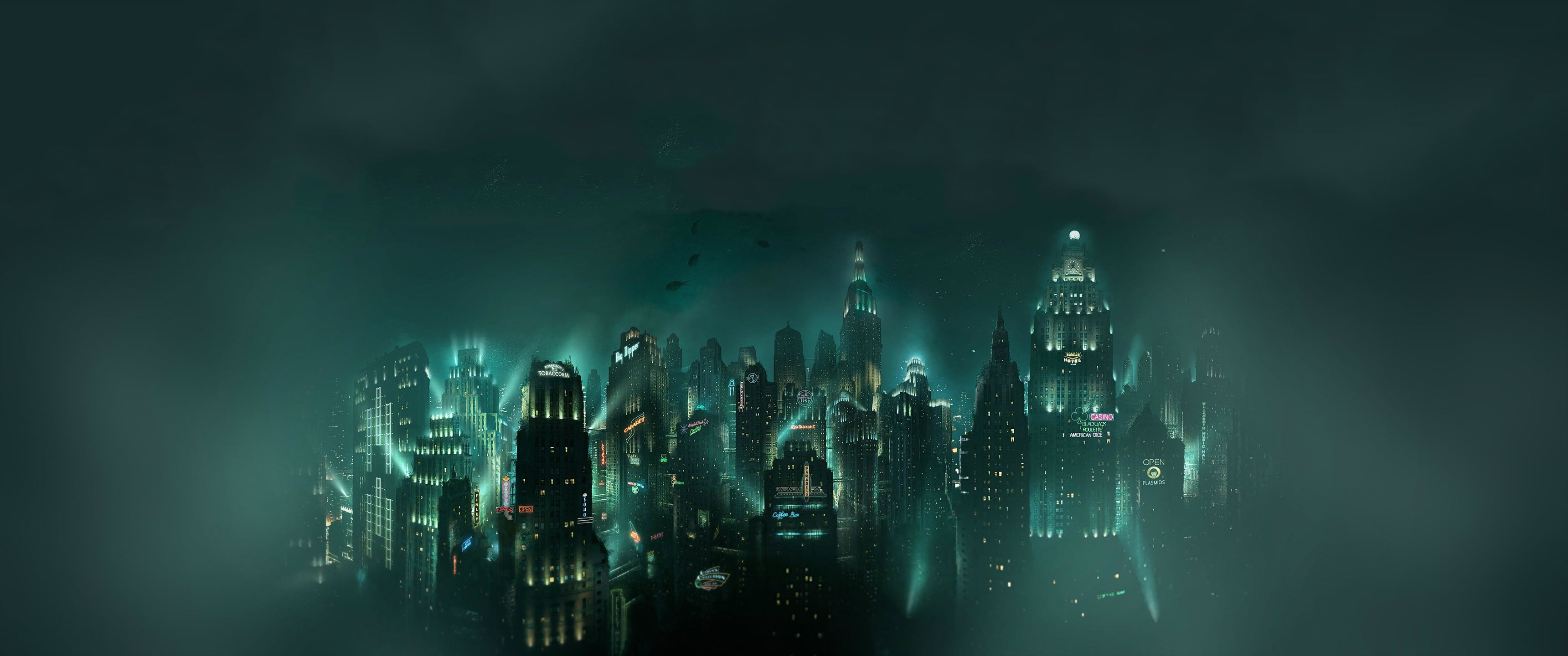 city skyline wallpaper, cityscape, underwater, BioShock, architecture